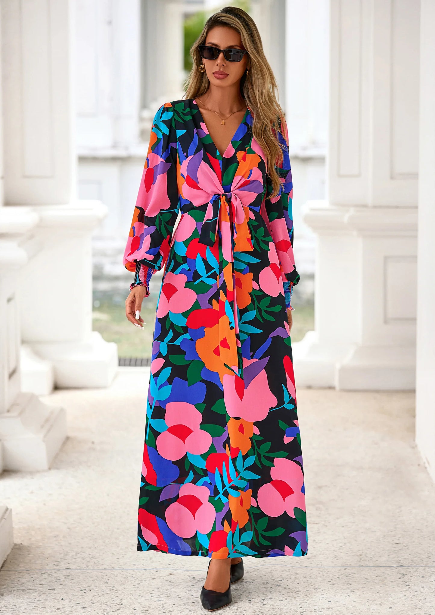 Women's Fall Boho Maxi Dress Floral Long Sleeve V Neck Flowy Belted Elegant Holiday Party Dresses