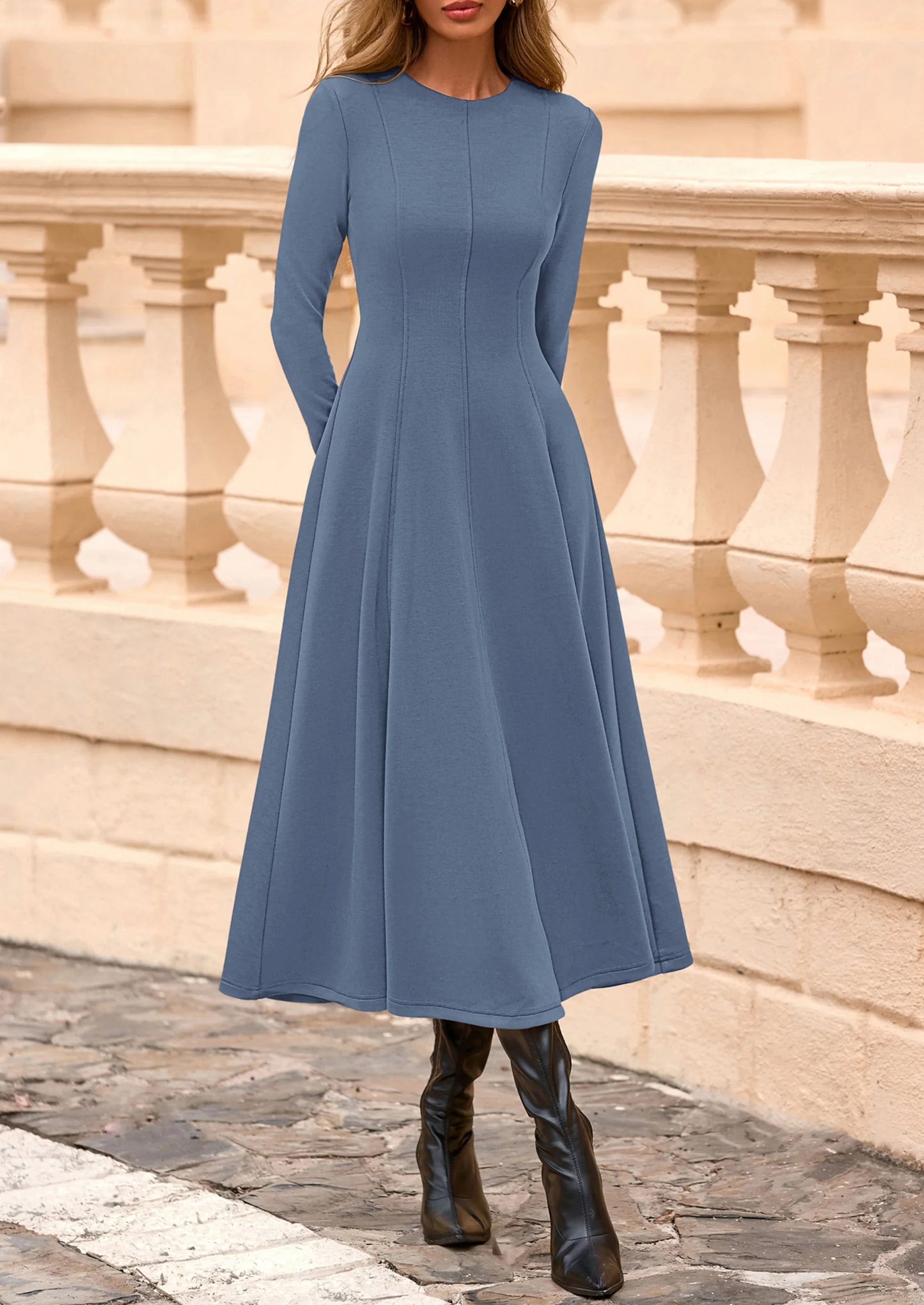 Women's Fall Long Sleeve Midi Dress Casual Elegant Ruffle Flowy A Line Swing Cocktail Party Dresses