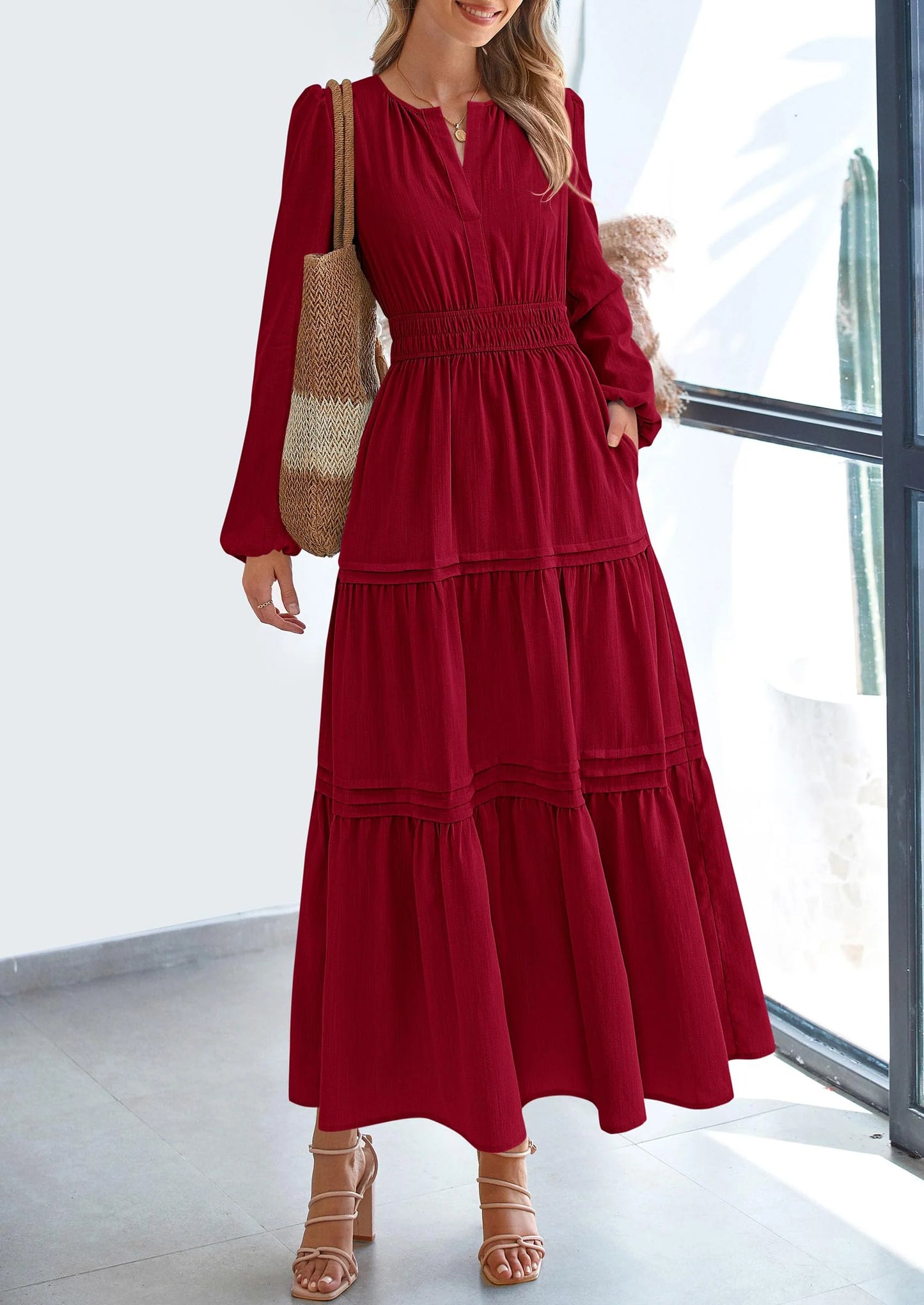 Women's Elegant Maxi Dresses Long Sleeve V Neck Flowy Pockets Casual Modest Dress Fall Fashion Clothes