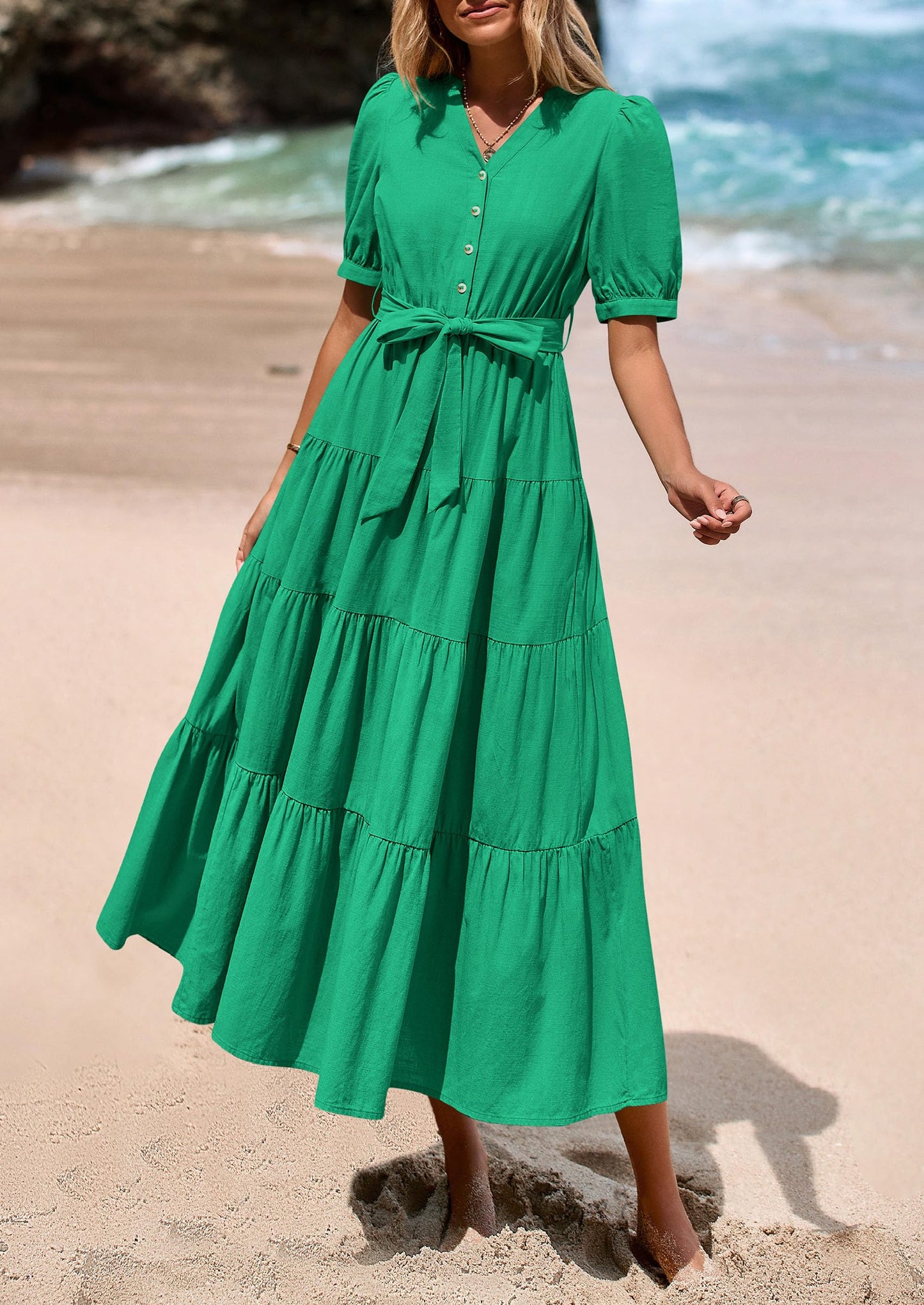 Women's Midi Dress Casual Short Sleeve V Neck Buttons Belted Ruffle A Line Flowy Dress with Pockets