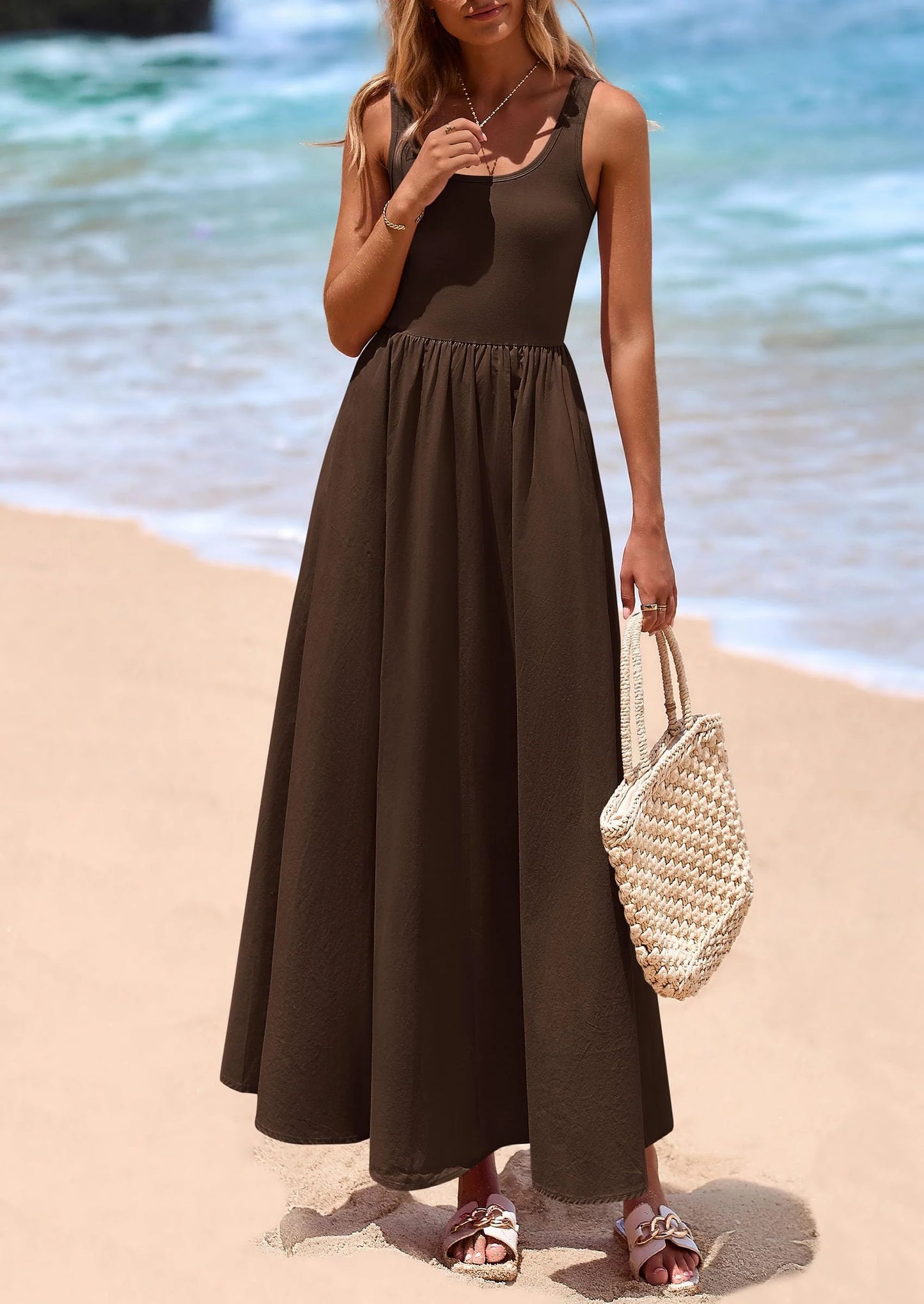 Womens Summer Casual Scoop Neck Sleeveless Long Dresses Tank Top Patchwork Aline Swing Maxi Dress with Pockets