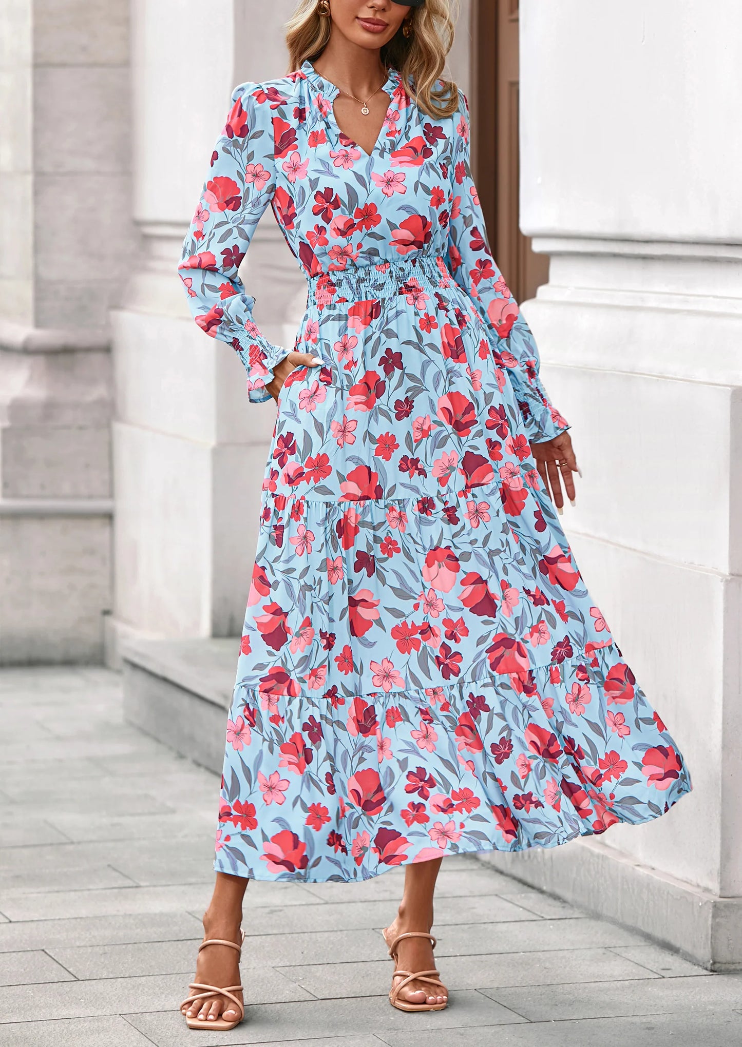 Women's Floral Maxi Dress Spring Long Sleeve V Neck Casual A Line Long Flowy Boho Party Dresses