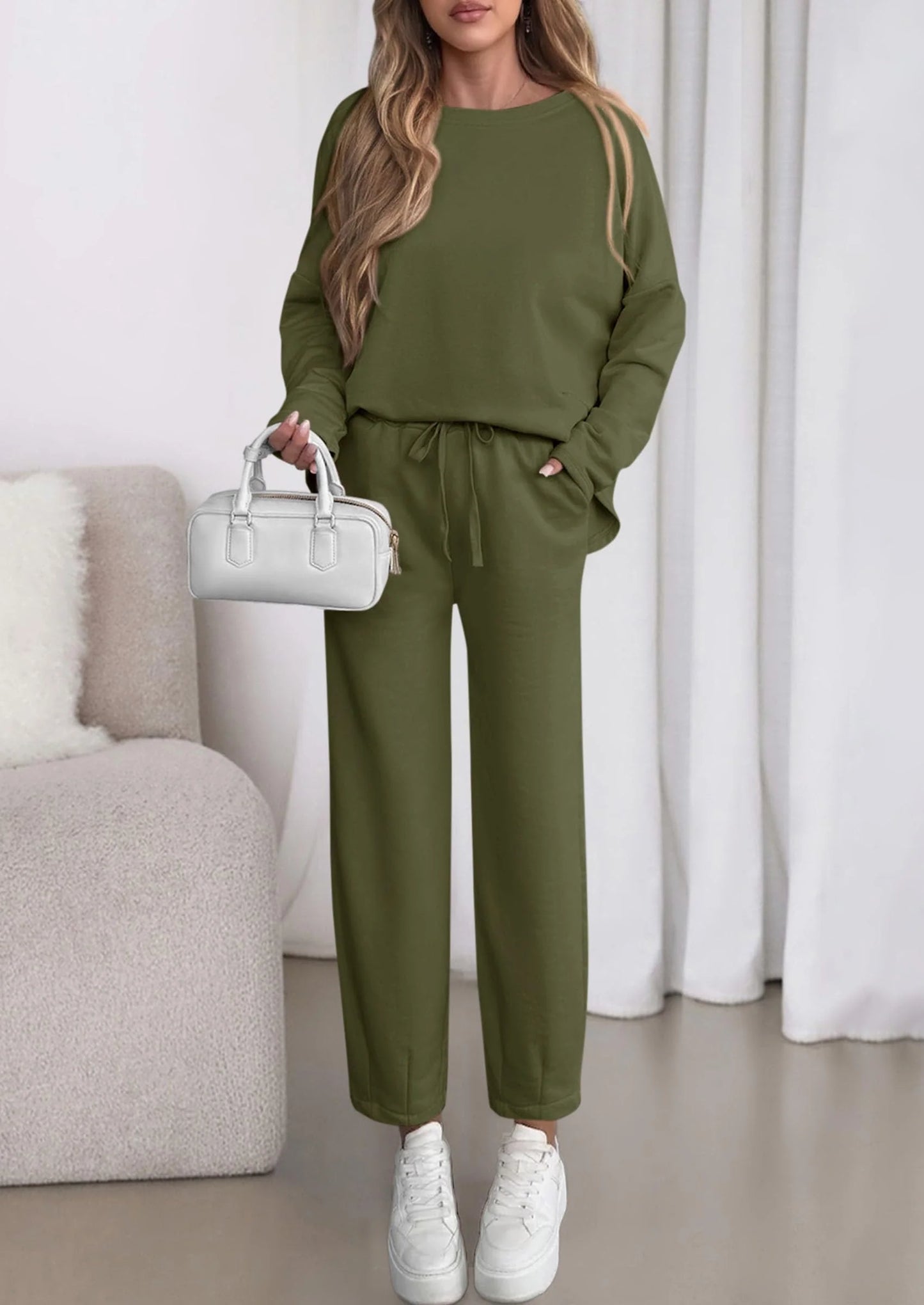 Womens 2 Piece Matching Lounge Sets Fall Long Sleeve Boatneck Sweatsuit Drawstring Sweatpants Pockets