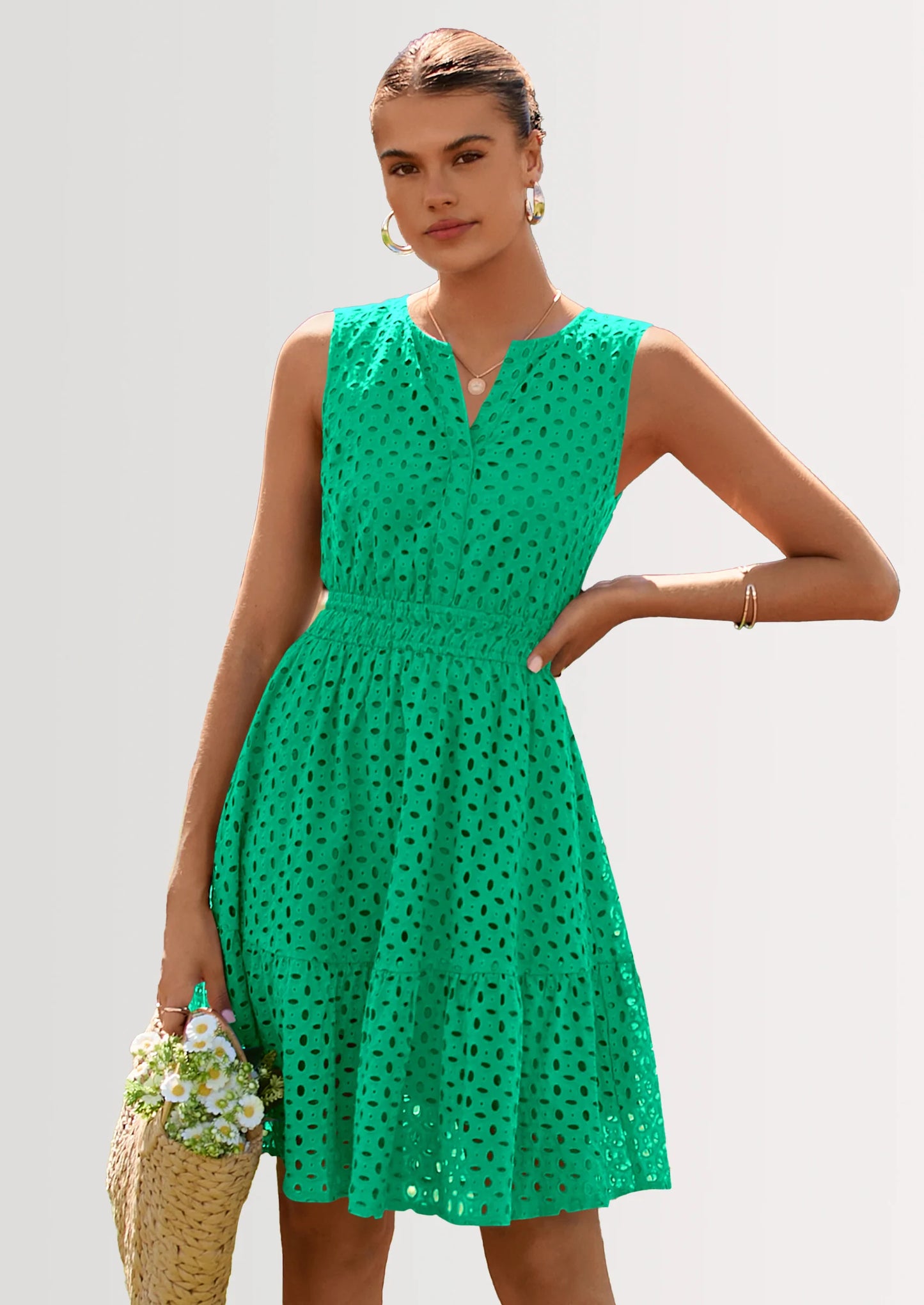 Women's Summer Dresses Sleeveless V Neck Eyelet Hollow Out Swing A Line Beach Vacation Sun Dress