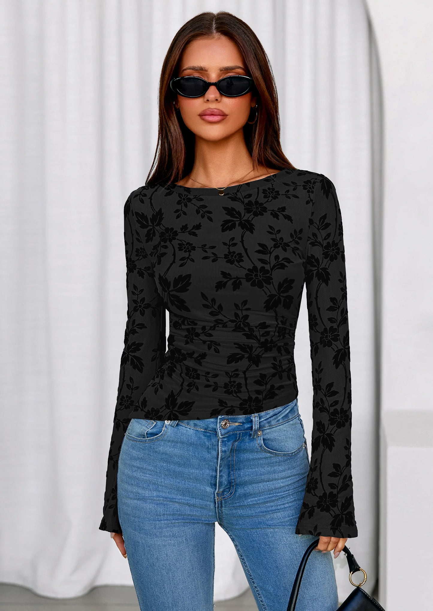Women Long Sleeve Floral Mesh Tops Blouse  Fall Trendy Boat Neck Ruched Fitted Shirt Going Out Date Outfits