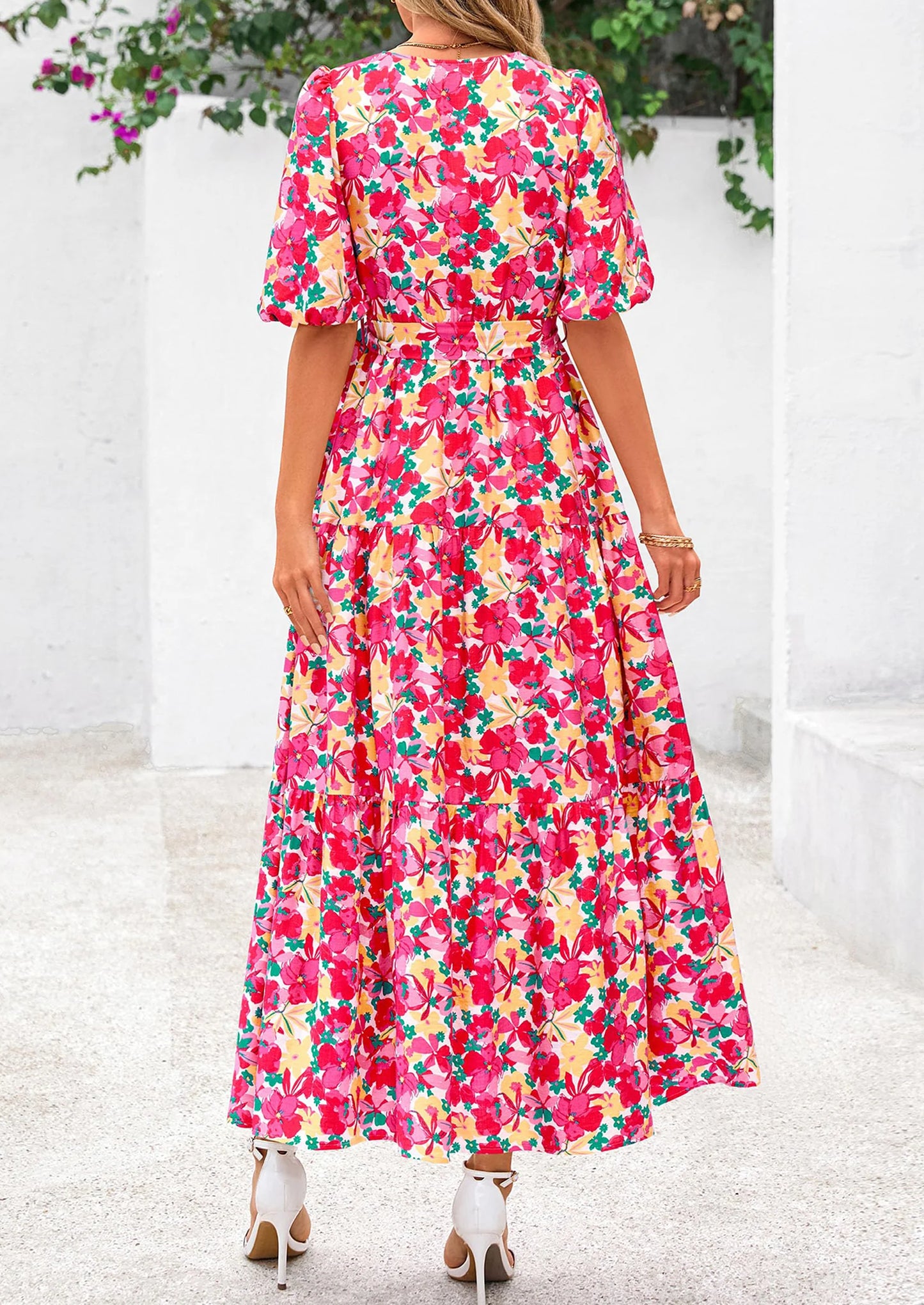 Women's Maxi Dress Resort Wear Boho Floral V Neck Puff Short Sleeve Ruffle Flowy Beach Long Dresses