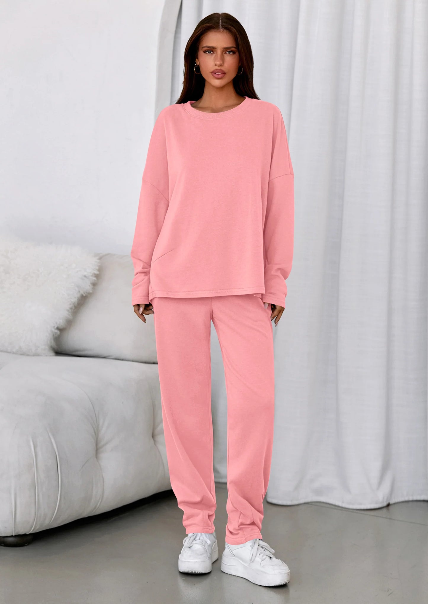 Womens 2 Piece Matching Lounge Sets Fall Long Sleeve Boatneck Sweatsuit Drawstring Sweatpants Pockets