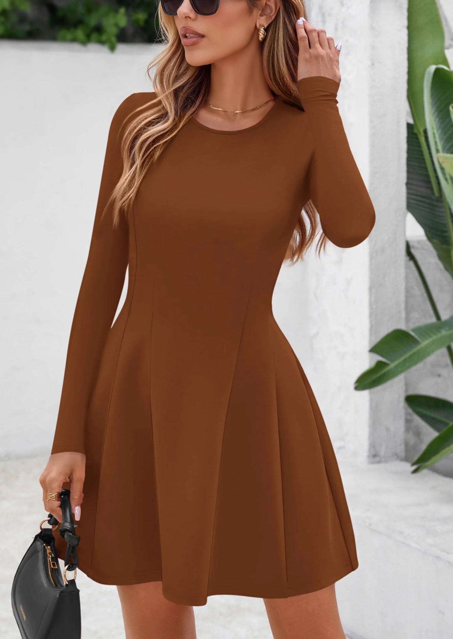 Long Sleeve Mini Dress for Women Fall Crewneck Knit Pleated Babydoll A Line Soft Casual Short Party Dresses