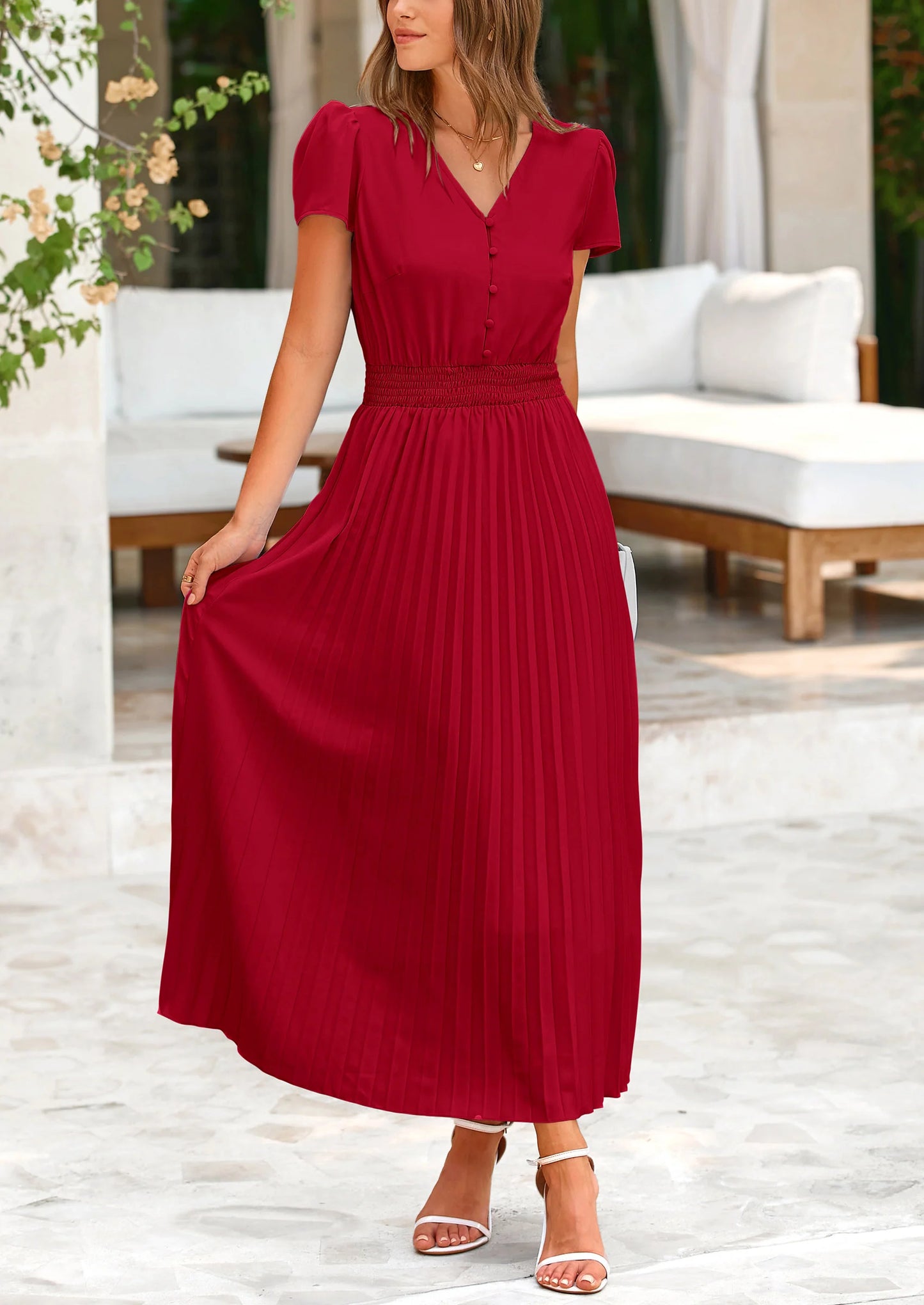 Women's Maxi Dresses Summer Trendy Cap Short Sleeve Button V Neck Casual Flowy Pleated Long Dress