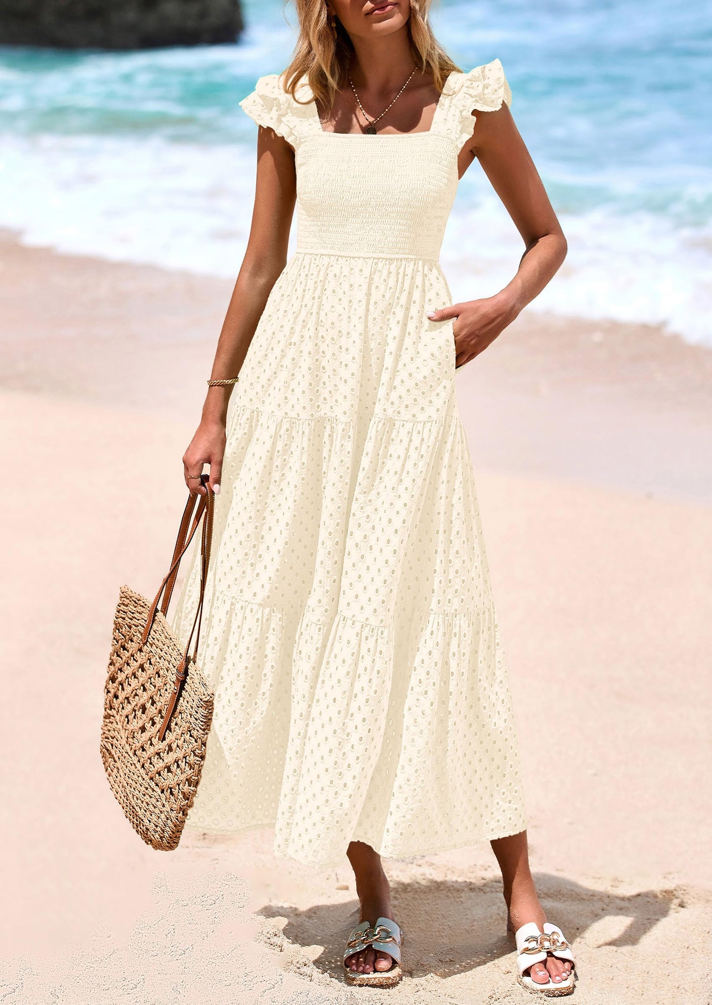 Womens Square Neck Maxi Dresses Cap Sleeve Eyelet Smocked Tiered A Line Flowy Long Dress with Pockets