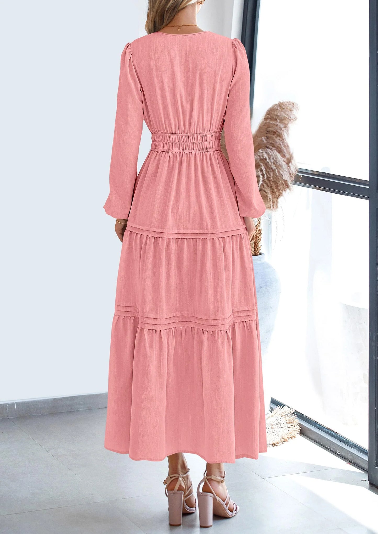 Women's Elegant Maxi Dresses Long Sleeve V Neck Flowy Pockets Casual Modest Dress Fall Fashion Clothes