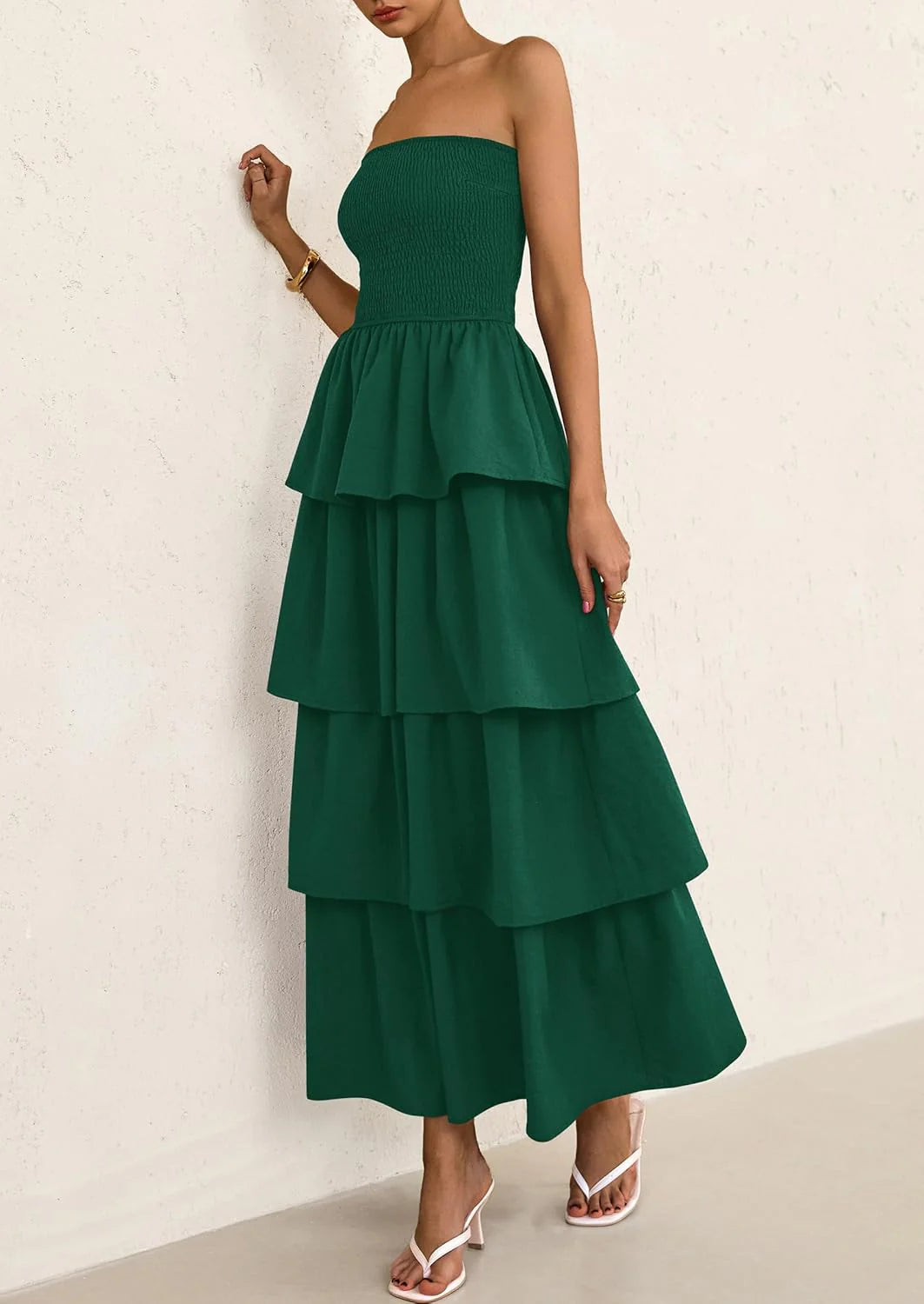Maxi Dresses for Women Off Shoulder Smocked Tiered Ruffle Long Flowy Wedding Guest Dress