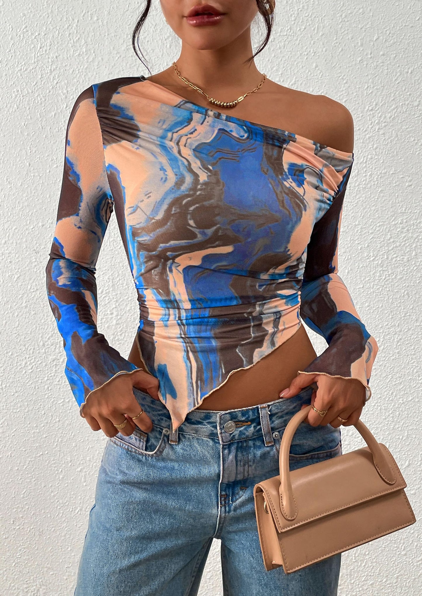 Womens Fall Trendy Off Shoulder Tops Tie Dye Mesh Long Sleeve Shirts Asymmetrical Ruched Floral Blouse