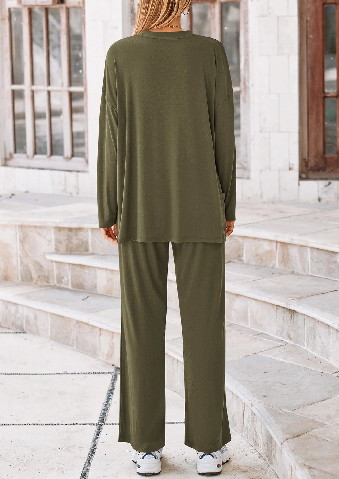Women's Two Piece Lounge Sets Matching Long Sleeve Shirts Wide Leg Pants Tracksuits Travel Outfits Fall Clothes