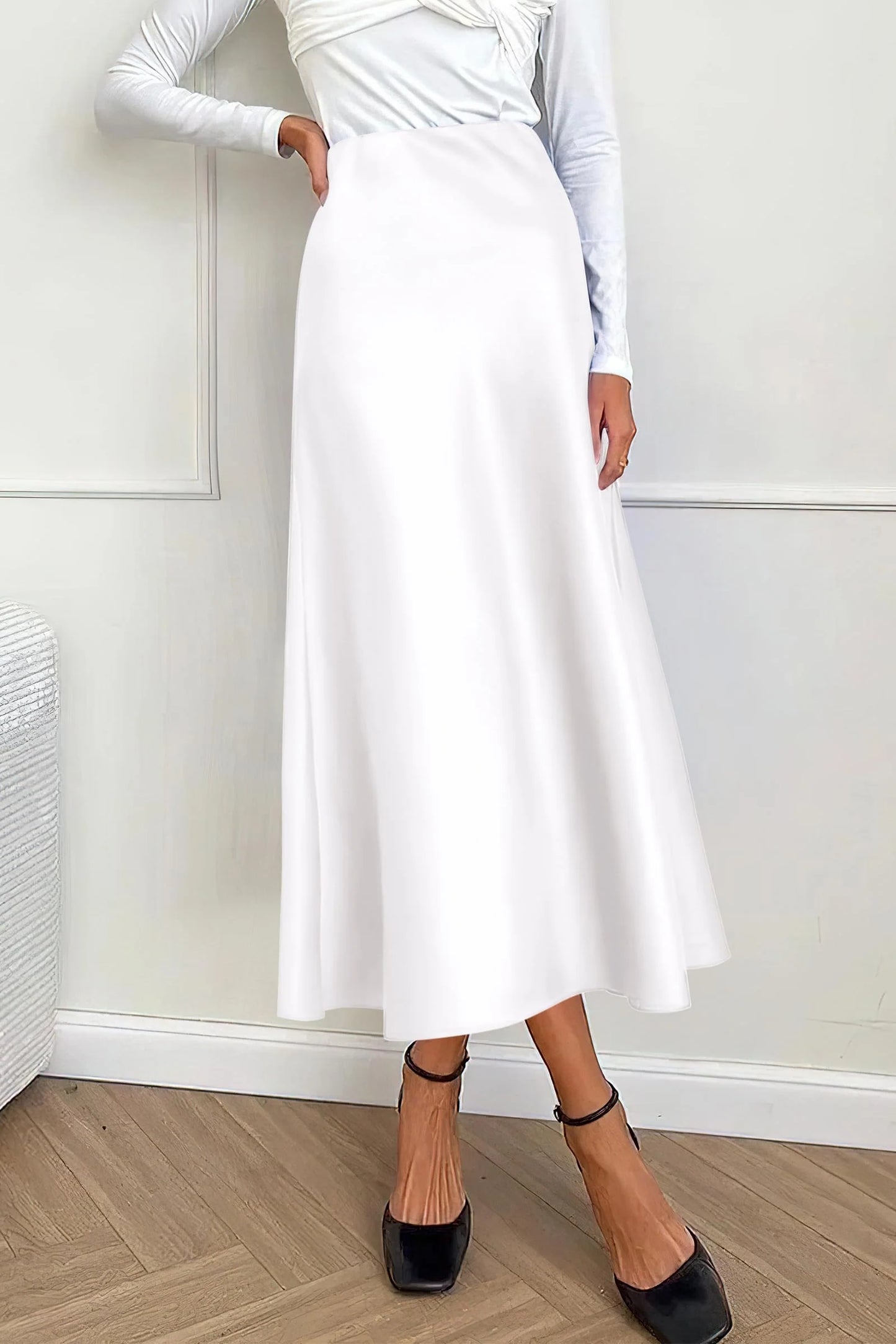 Women's Satin Skirts Dressy Casual Fall High Waisted Cocktail Wedding Flowy Elegant A Line Midi Skirt