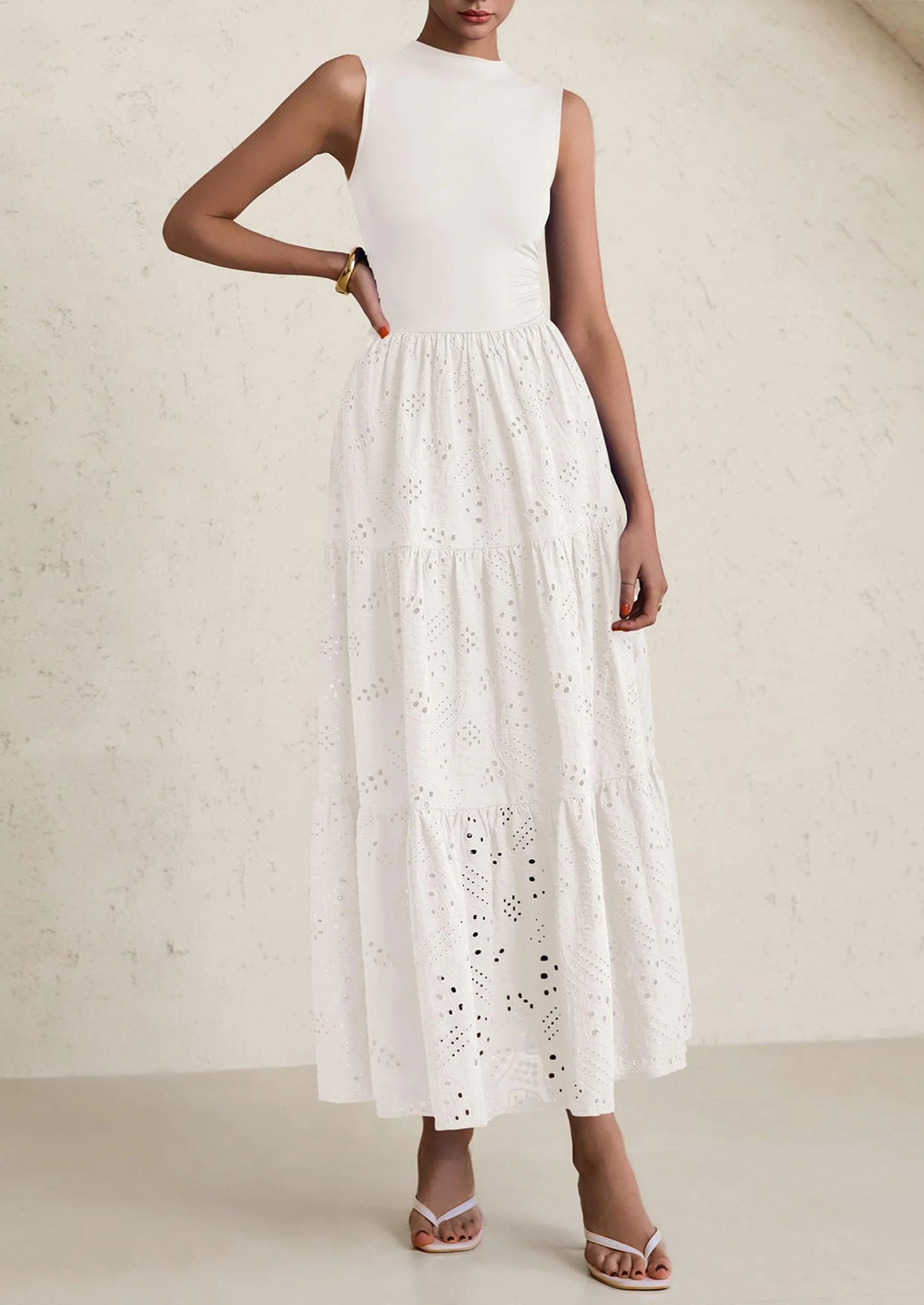 Dresses for Women Casual Eyelet Sleeveless Wedding Guest Maxi Dress Tank Top Sundress with Pockets