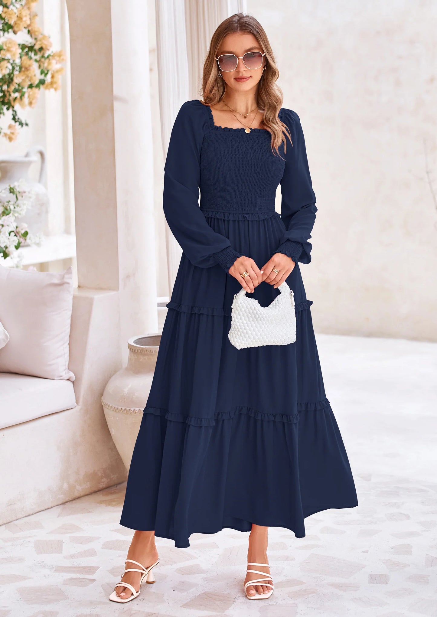 Fall Wedding Guest Dresses for Women Long Sleeve Square Neck Tiered A Line Modest Elegant Flowy Dresses