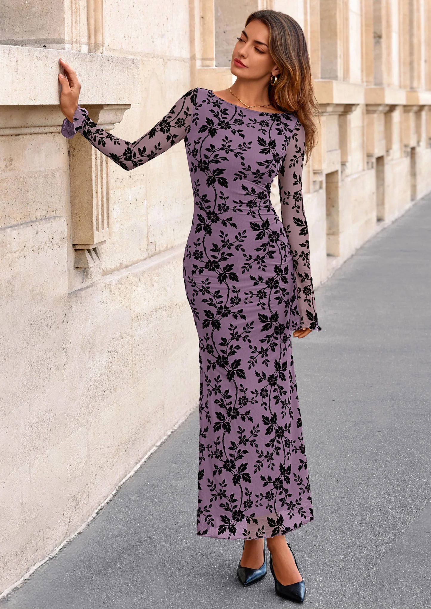 Women's Floral Bodycon Maxi Dress Fall Elegant Mesh Long Sleeve Formal Wedding Guest Cocktail Dresses