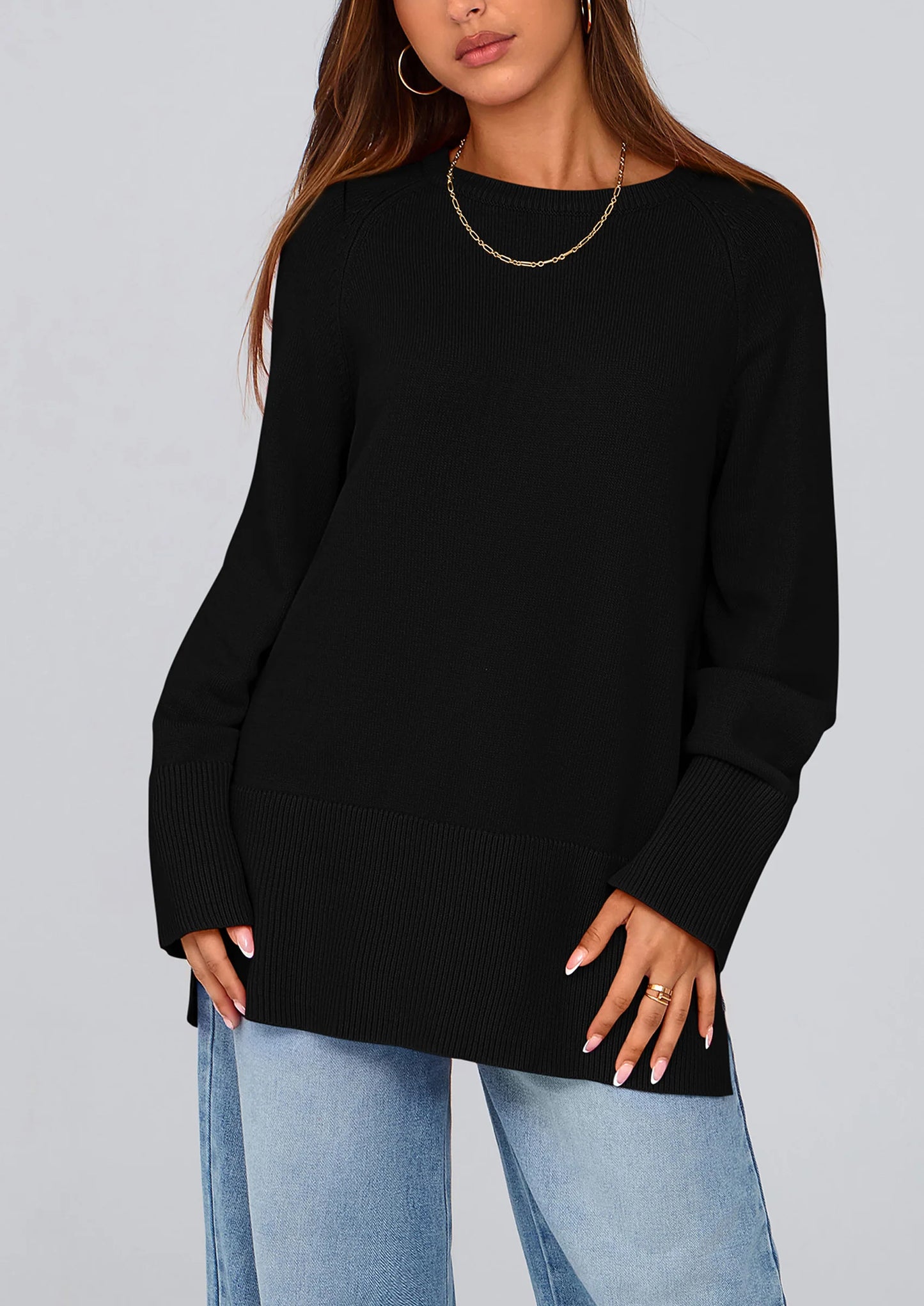 Women's Knit Fall Sweaters Long Sleeve Pullover Crewneck Split Hem Oversized Tunic Sweater Tops Winter Clothing