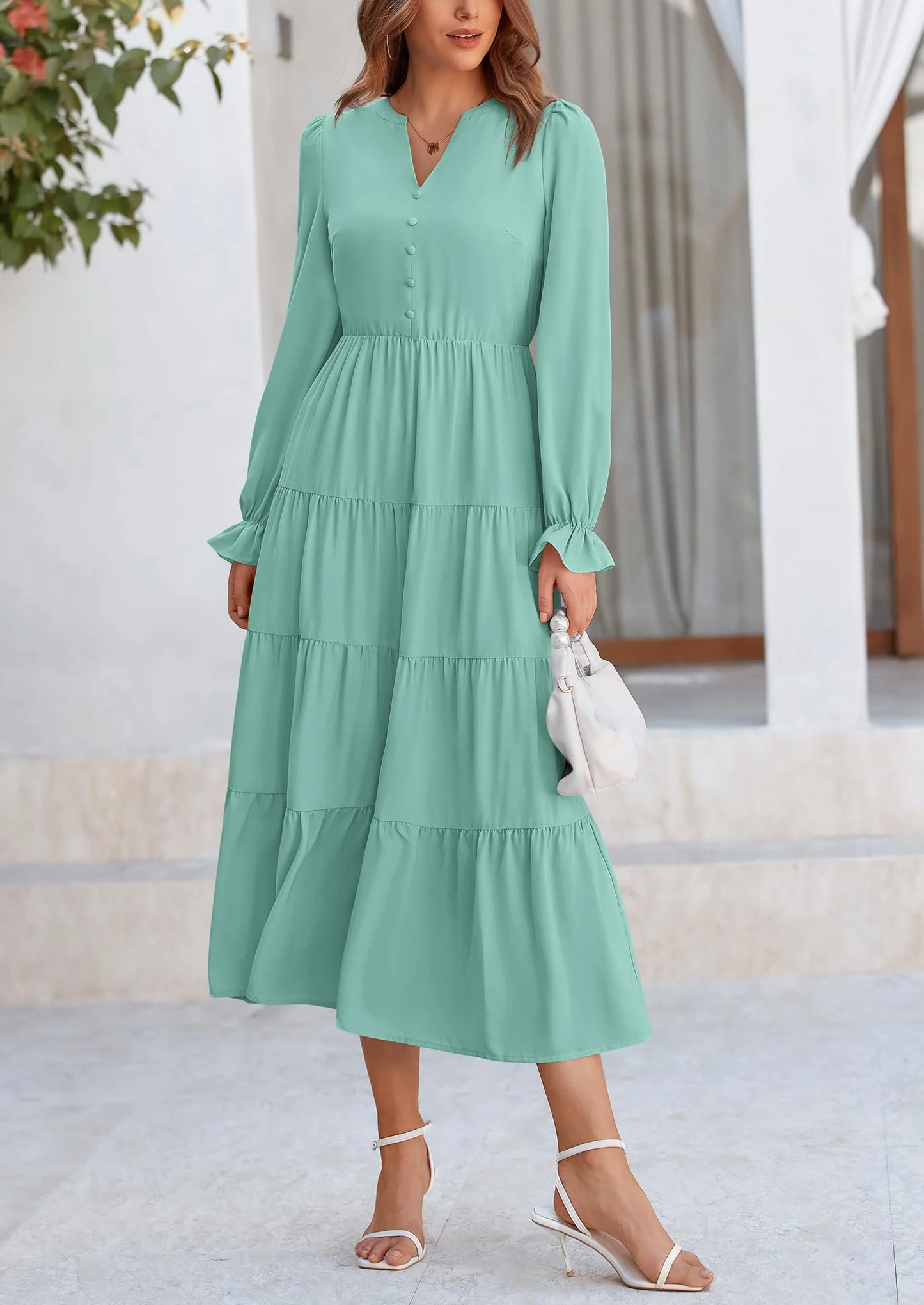 Women Fall Long Sleeve Smocked Maxi Dress Casual Square Neck Swiss Dot Tiered Ruffle Flowy Spring Pocket Dresses