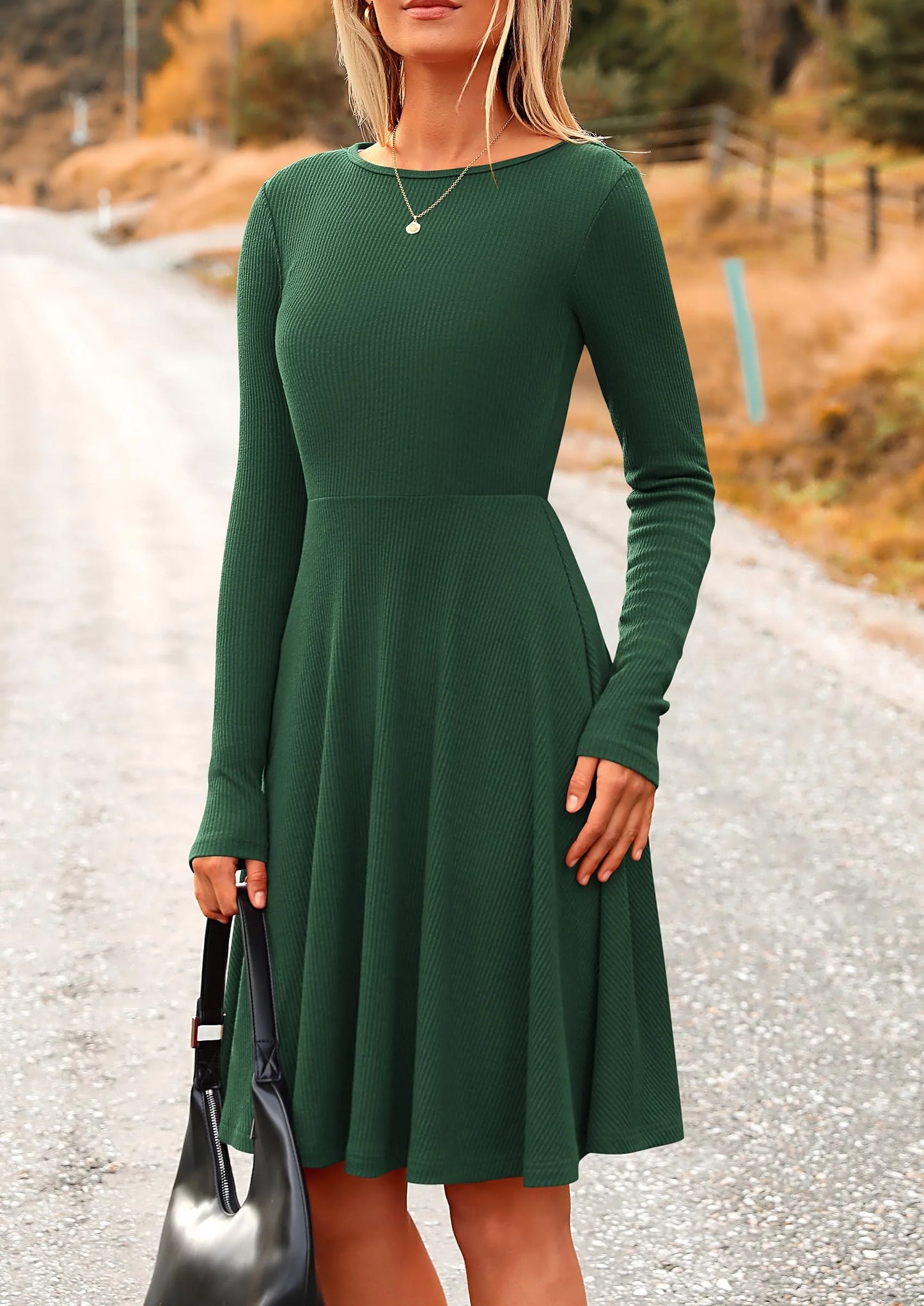Women's Spring Fall Short Dress Ribbed Knit Crewneck Long Sleeve A Line Flowy Casual Elegant Going Out Dresses