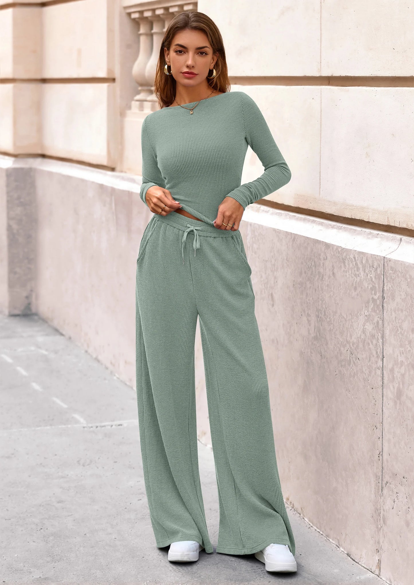 Women's 2 Piece Lounge Sets Fall Fashion Long Sleeve Crop Top Wide Leg Pants Matching Sets Clothing
