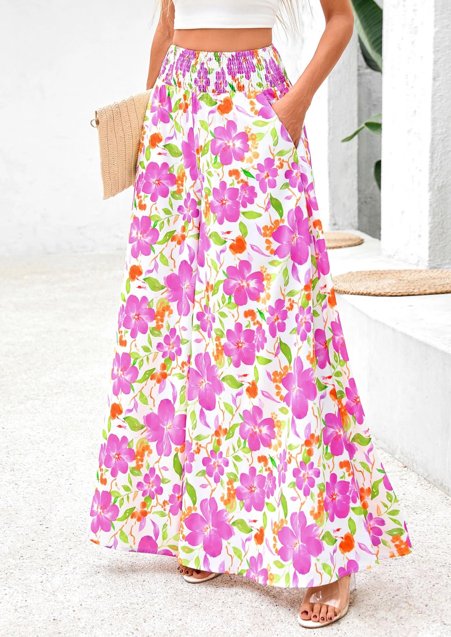 Casual Elastic High Waisted Pockets Boho Beach Wide Leg Palazzo Pants