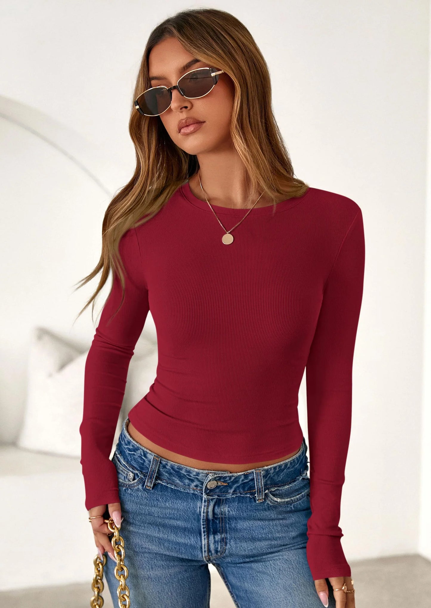 Womens Summer Fall Long Sleeve Shirts Ribbed Knit Fitted Basic Tee Going Out Tops Underscrub Casual Outfits