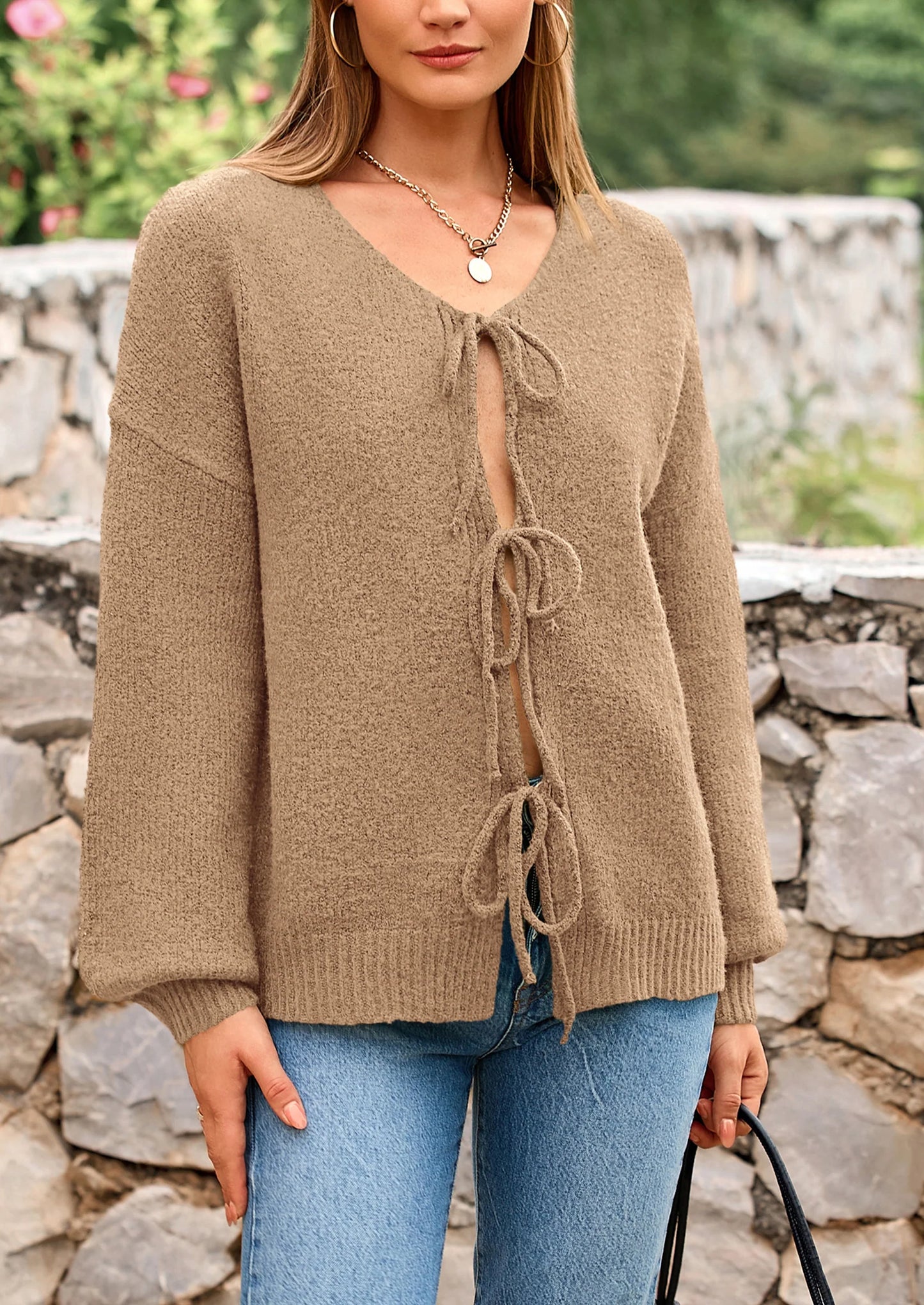 Women's Tie Front Bow Cardigan Sweaters Chunky Knit Long Puff Sleeve Trendy Fall Winter Jacket Coats