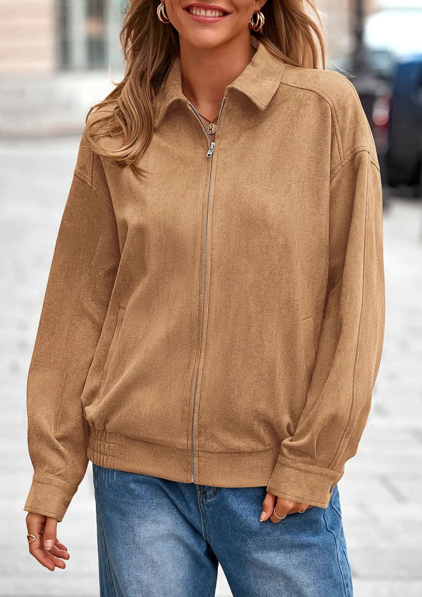 Women's Faux Suede Motorcycle Jacket Trendy Fall Fashion Oversized Zip Up Coats Winter Clothes Outerwear