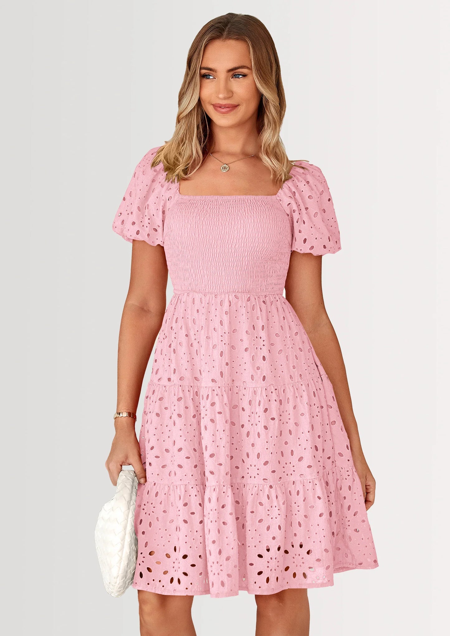 Womens Summer Puff Sleeve Mini Dress Off Shoulder Eyelet Smocked A Line Casual Babydoll Short Dresses