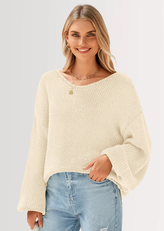 Women's Fall Oversized Sweaters Long Sleeve V Neck Dressy Casual Chunky Knit Loose Pullover Tops Winter Clothing