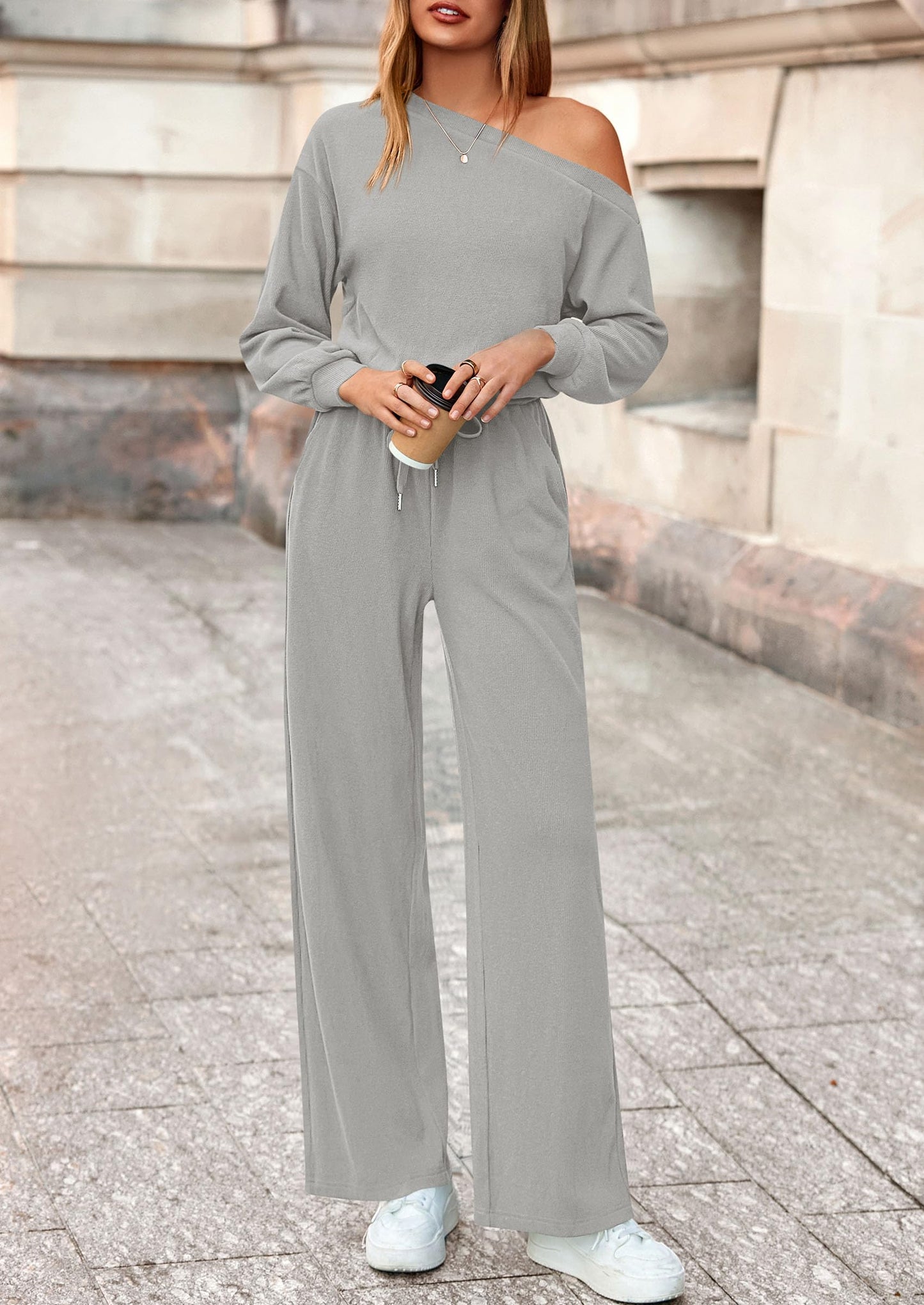 Long Sleeve Jumpsuit For Women Dressy Off Shoulder One Piece Loose Wide Leg Jumpsuits Casual Flowy Romper