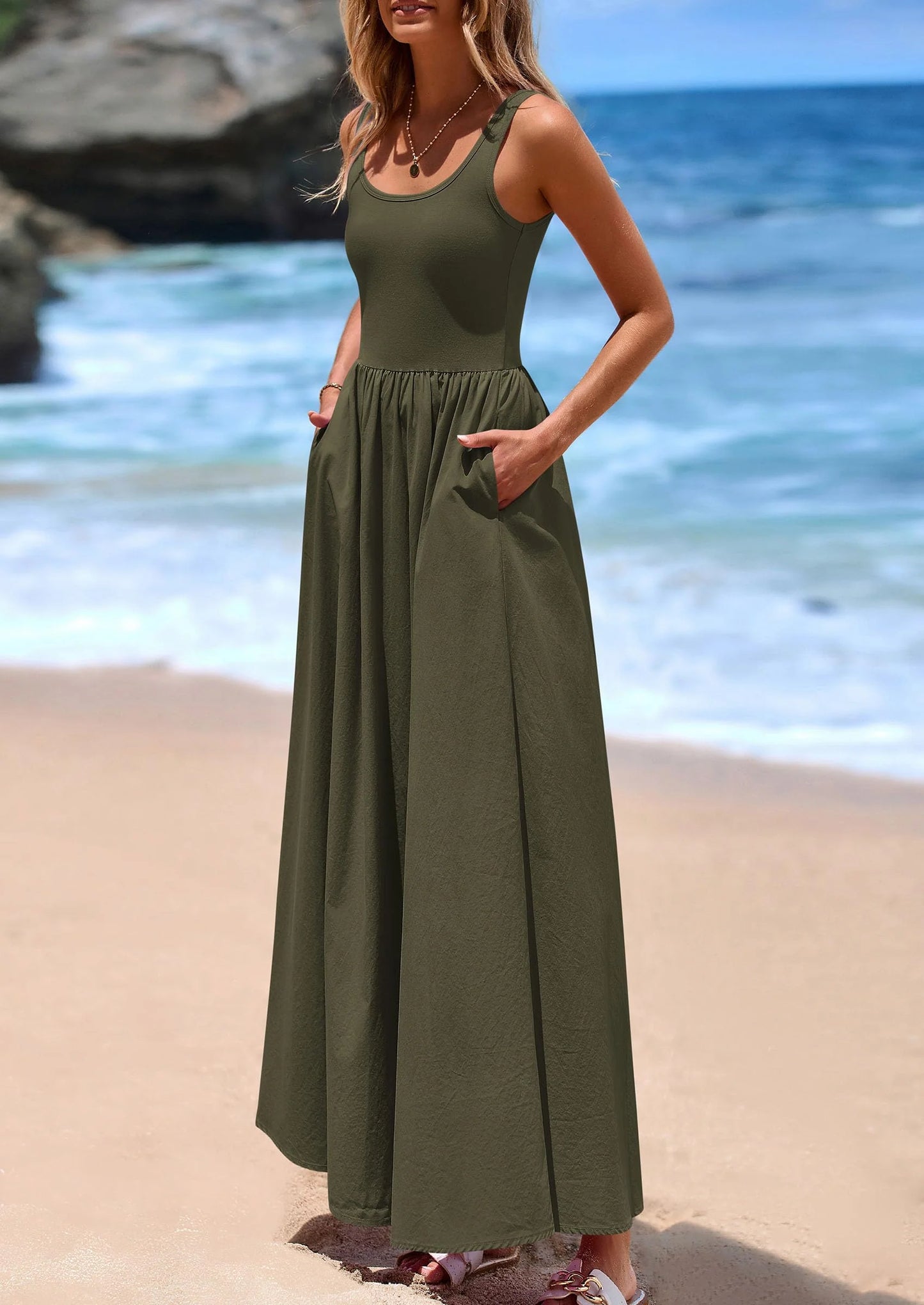 Womens Summer Casual Scoop Neck Sleeveless Long Dresses Tank Top Patchwork Aline Swing Maxi Dress with Pockets