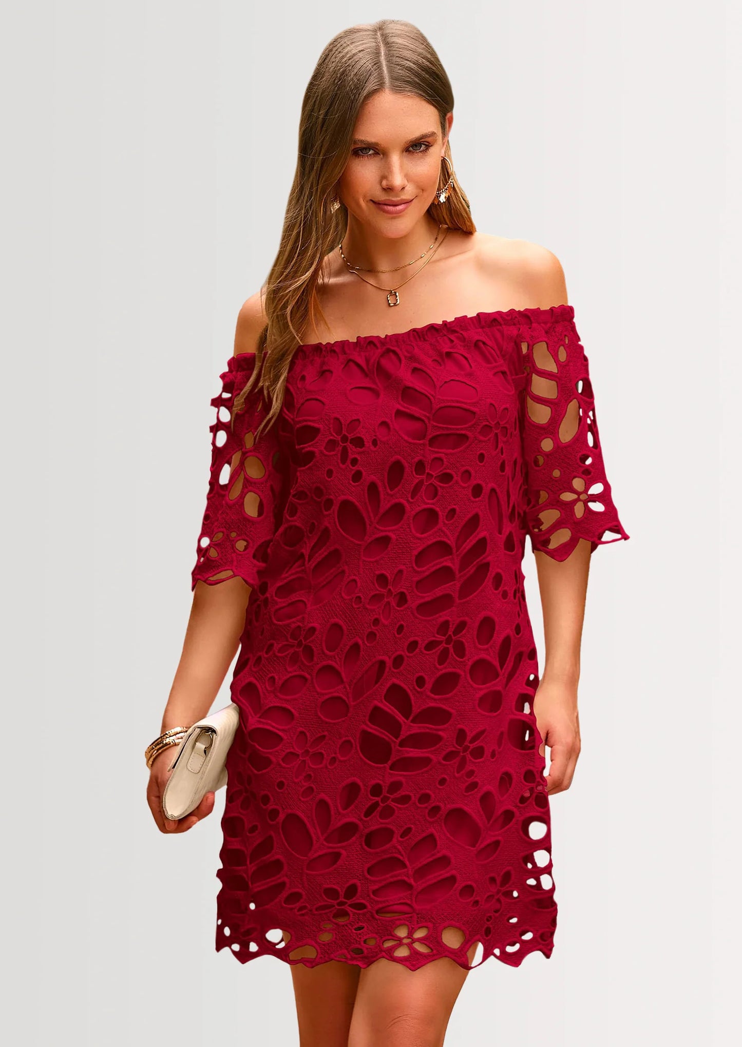 Women's Summer Off Shoulder Dresses Floral Lace Flare Short Sleeve Spring Vintage Elegant Mini Dress