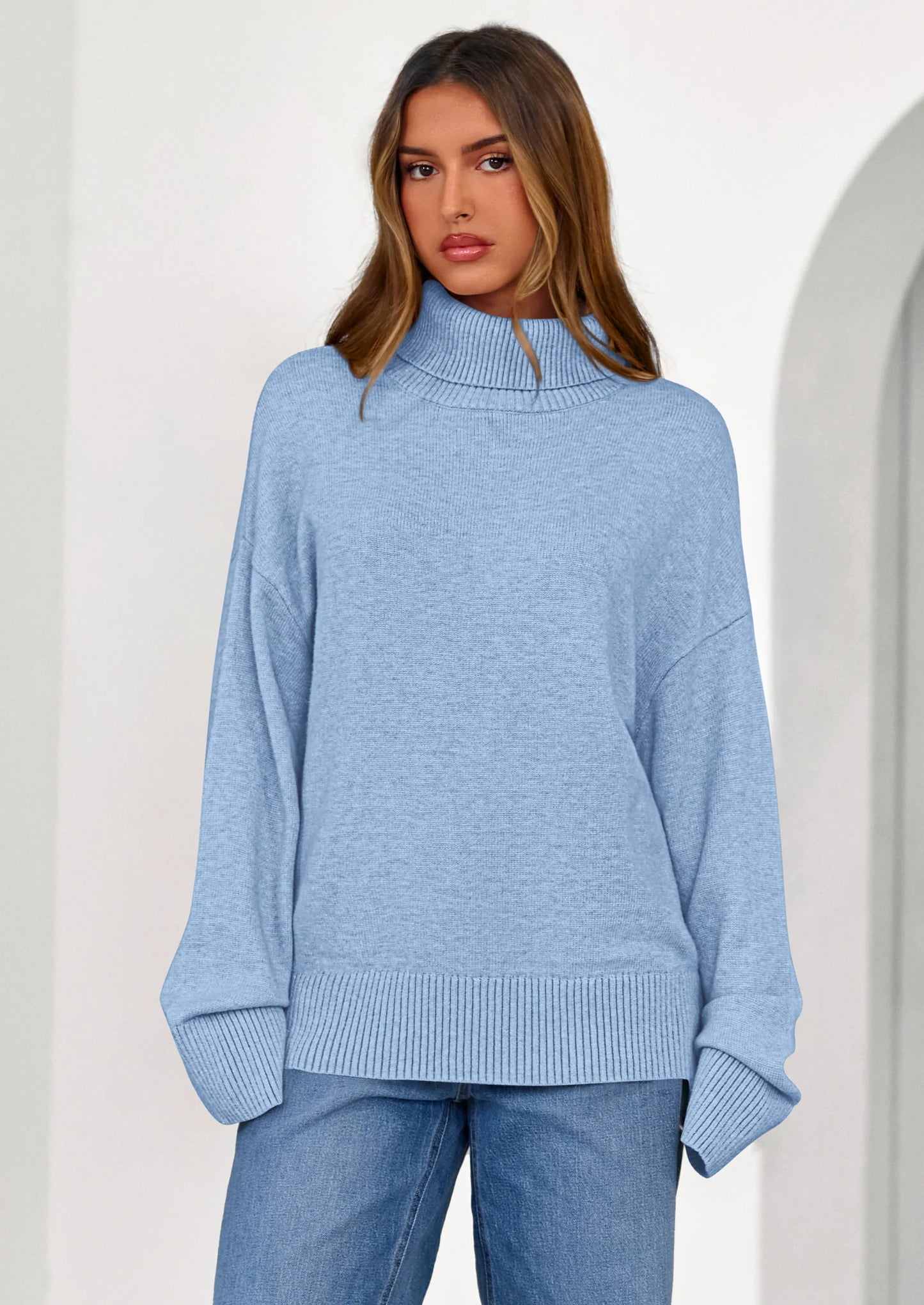 Womens Turtleneck Long Sleeve Sweater Fall Trendy Loose Fit Casual Tops Chunky Knit Pullover Sweaters