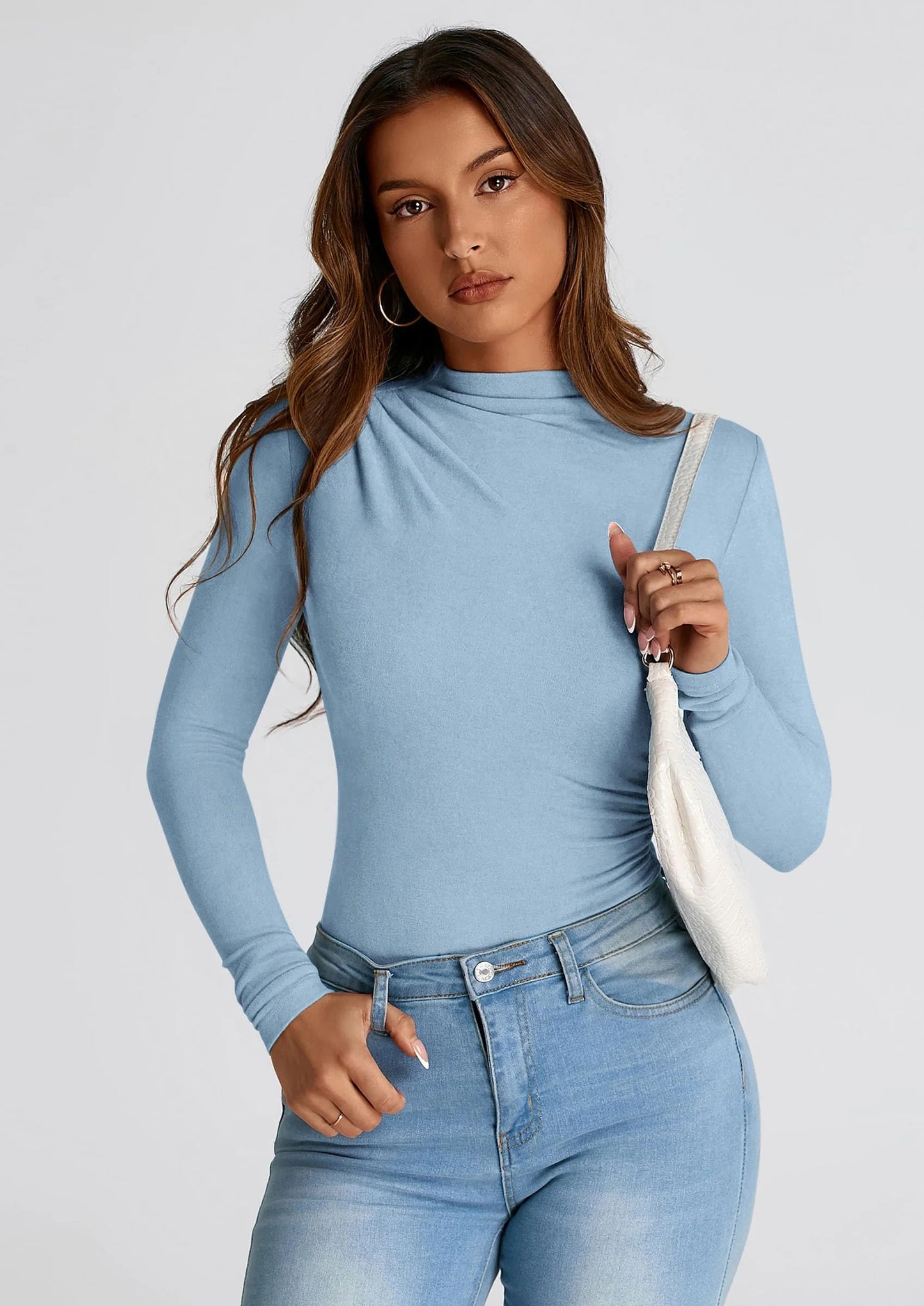Womens Fall Y2K Going Out Crop Tops Long Sleeve Mock Neck Ruched Slim Fitted Basic Trendy Casual T Shirts Blouse