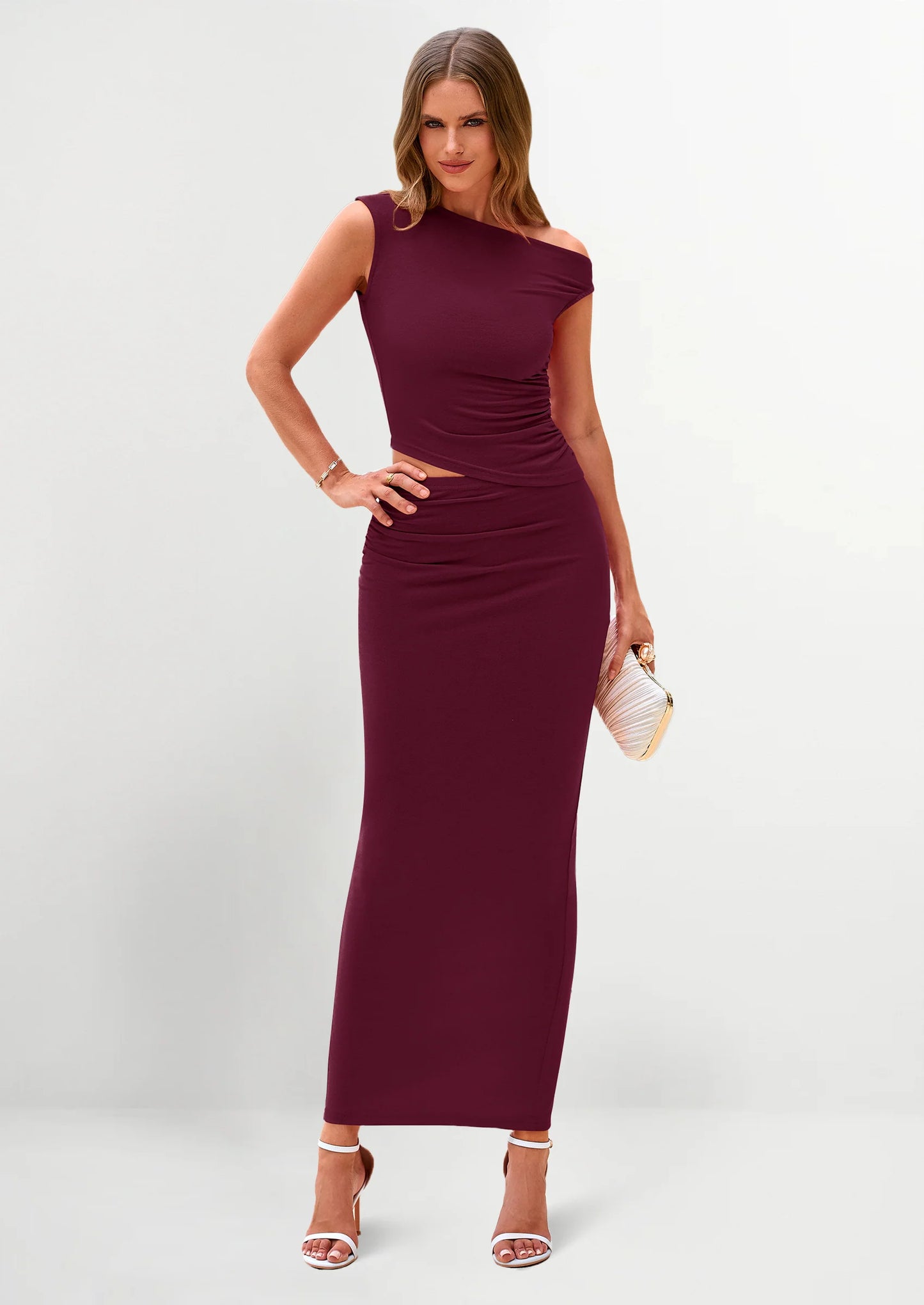 Maxi Skirt Sets Women 2 Piece Outfits Summer Spring One Shoulder Sleeveless Ruched Bodycon Long Skirts