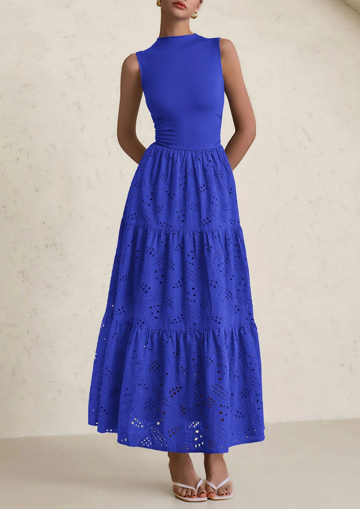 Dresses for Women Casual Eyelet Sleeveless Wedding Guest Maxi Dress Tank Top Sundress with Pockets