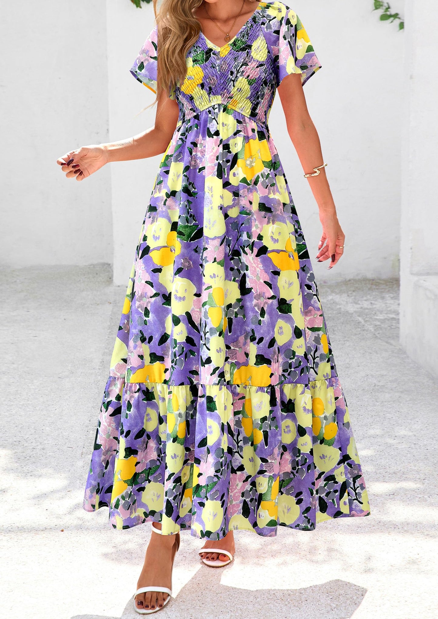 Women Floral Boho Maxi Dresses Short Sleeve V Neck Smocked A Line Long Flowy Beach Vacation Dress