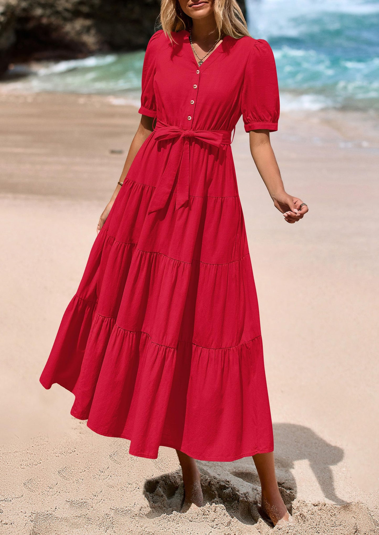Women's Midi Dress Casual Short Sleeve V Neck Buttons Belted Ruffle A Line Flowy Dress with Pockets