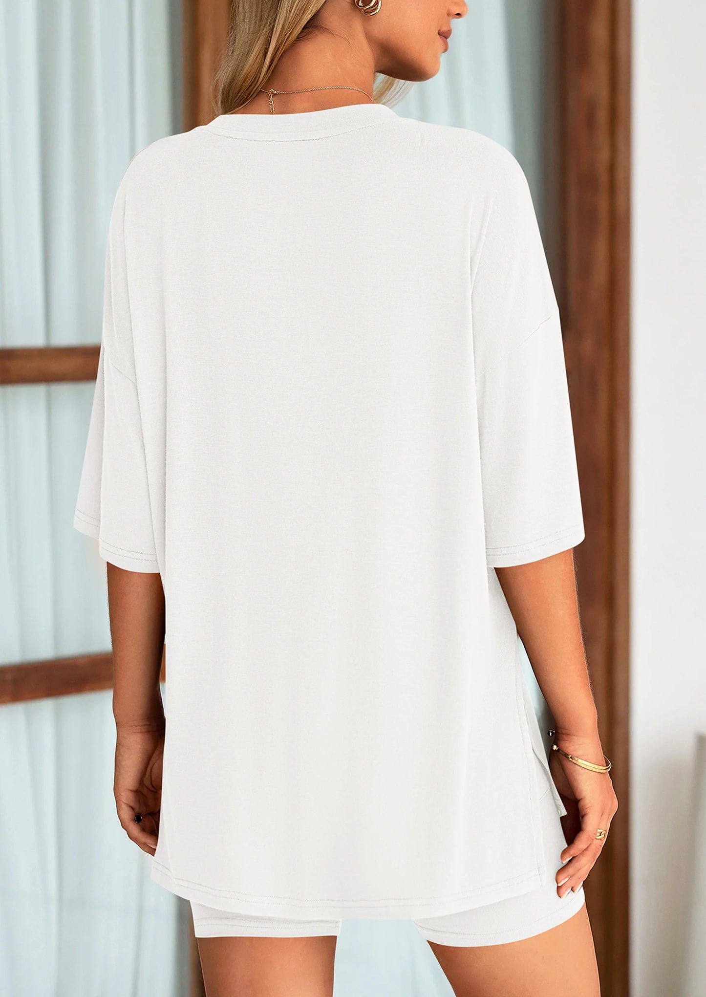 Women's Two Piece Lounge Set Summer Casual Oversized Shirts Biker Shorts Matching Airport Travel Outfit