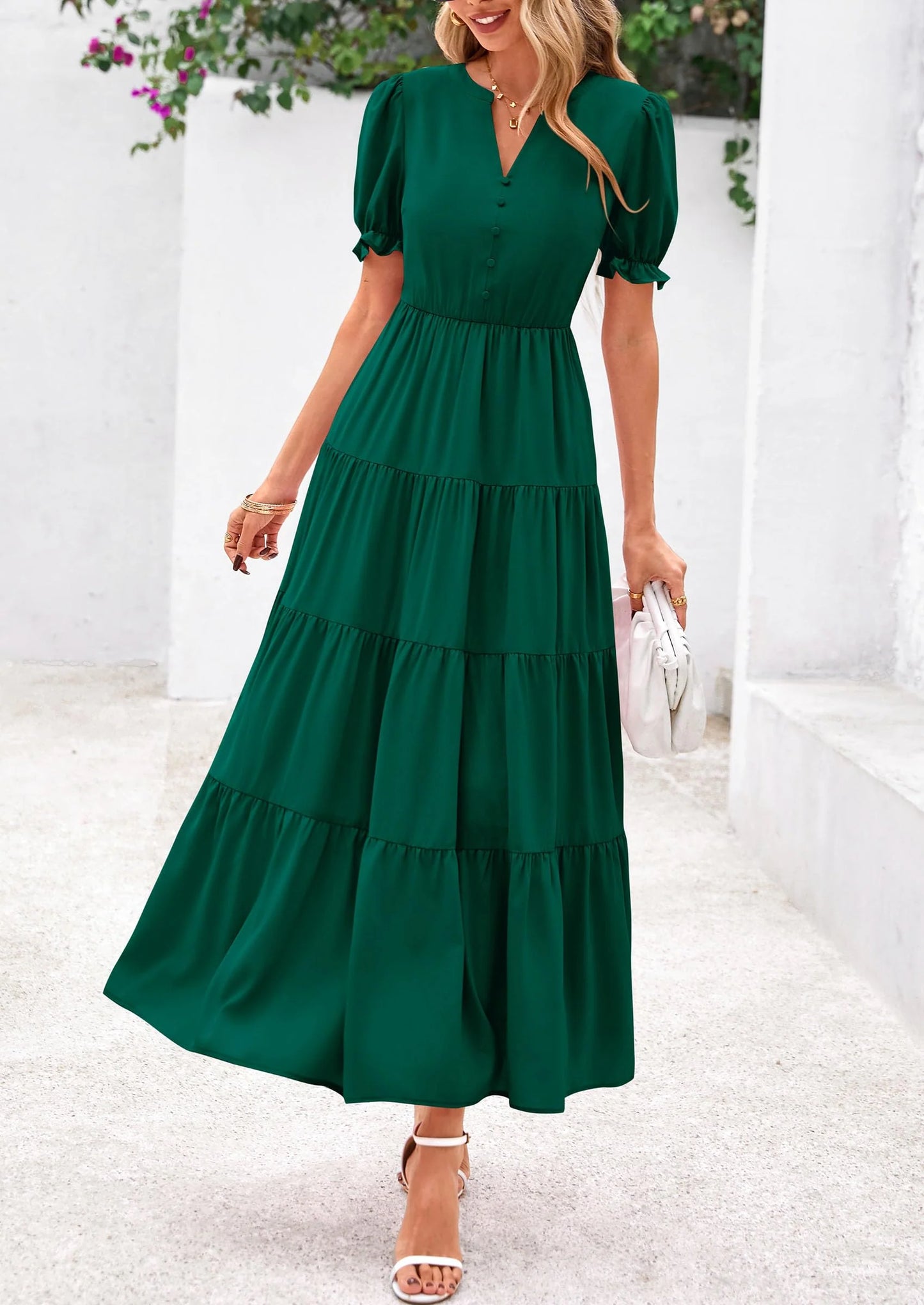 Women's Casual Short Sleeve V Neck Midi Dresses Spring A-line Tiered Wedding Guest Dress