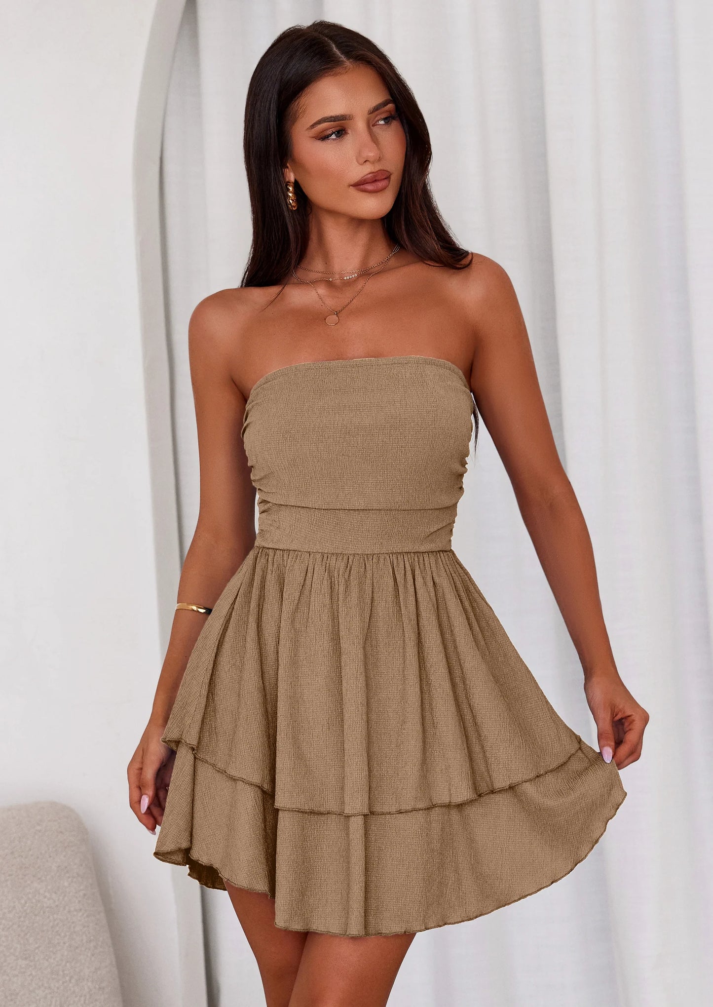Women's Summer Strapless Tube Mini Dress Off Shoulder Smocked Ruffle A Line Flowy Short Party Club Dresses