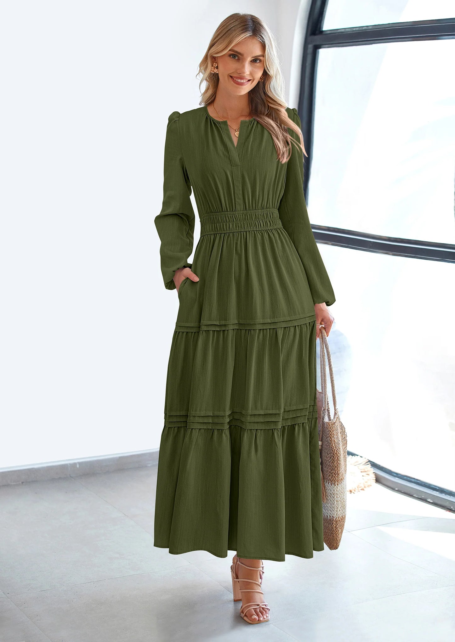 Women's Elegant Maxi Dresses Long Sleeve V Neck Flowy Pockets Casual Modest Dress Fall Fashion Clothes
