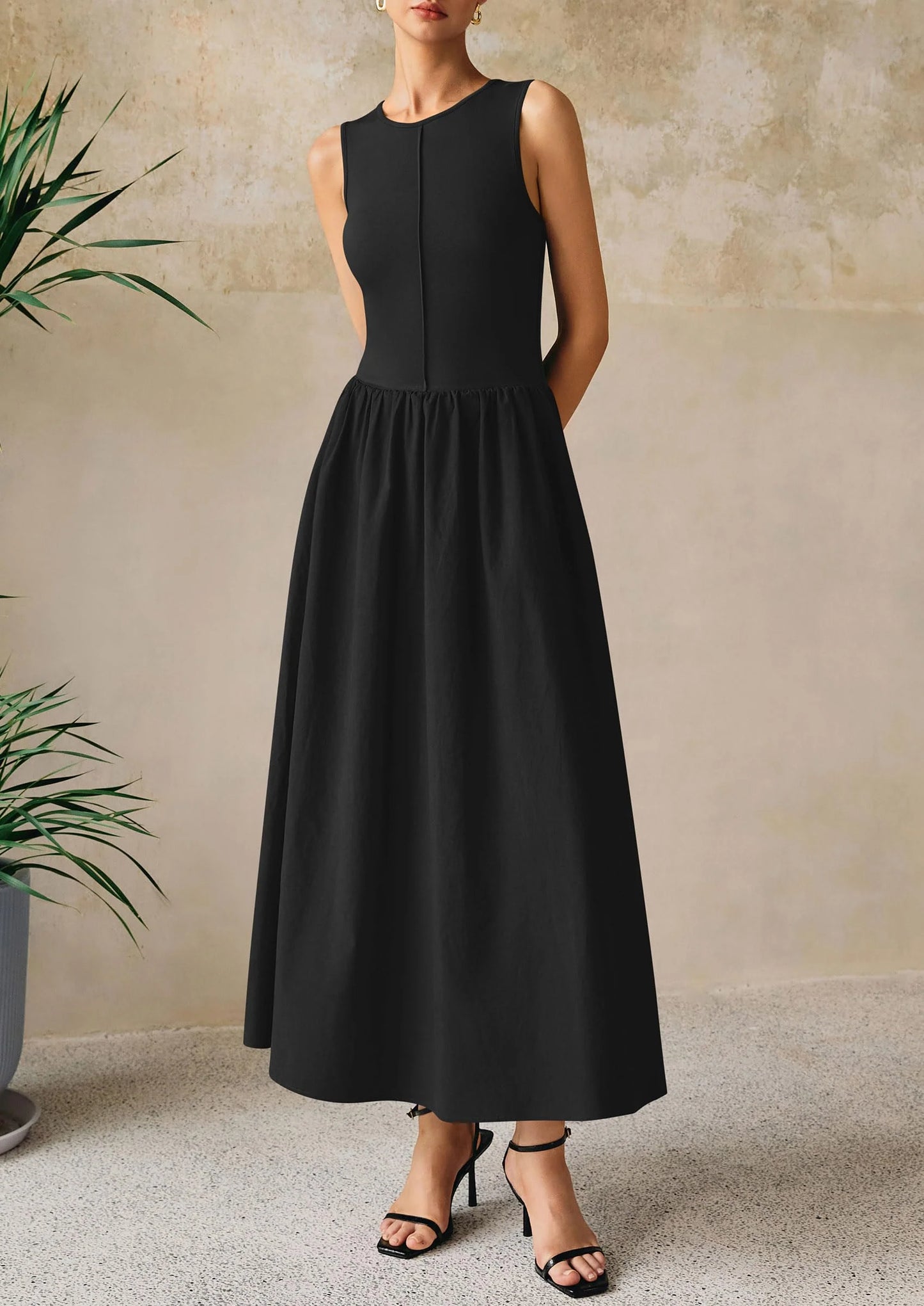 Women Maxi Dresses Casual Sleeveless Patchwork Knit Tank Dress Flowy Beach Sundress Long Dress