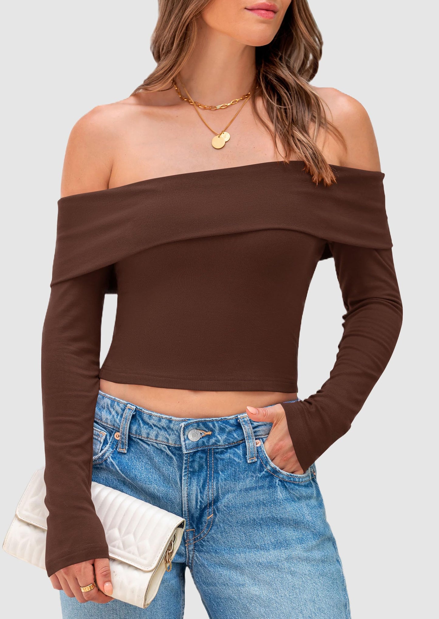 Off The Shoulder Tops for Women Long Sleeve Shirts Trendy Going Out Crop Top Spring Fashion Clothes