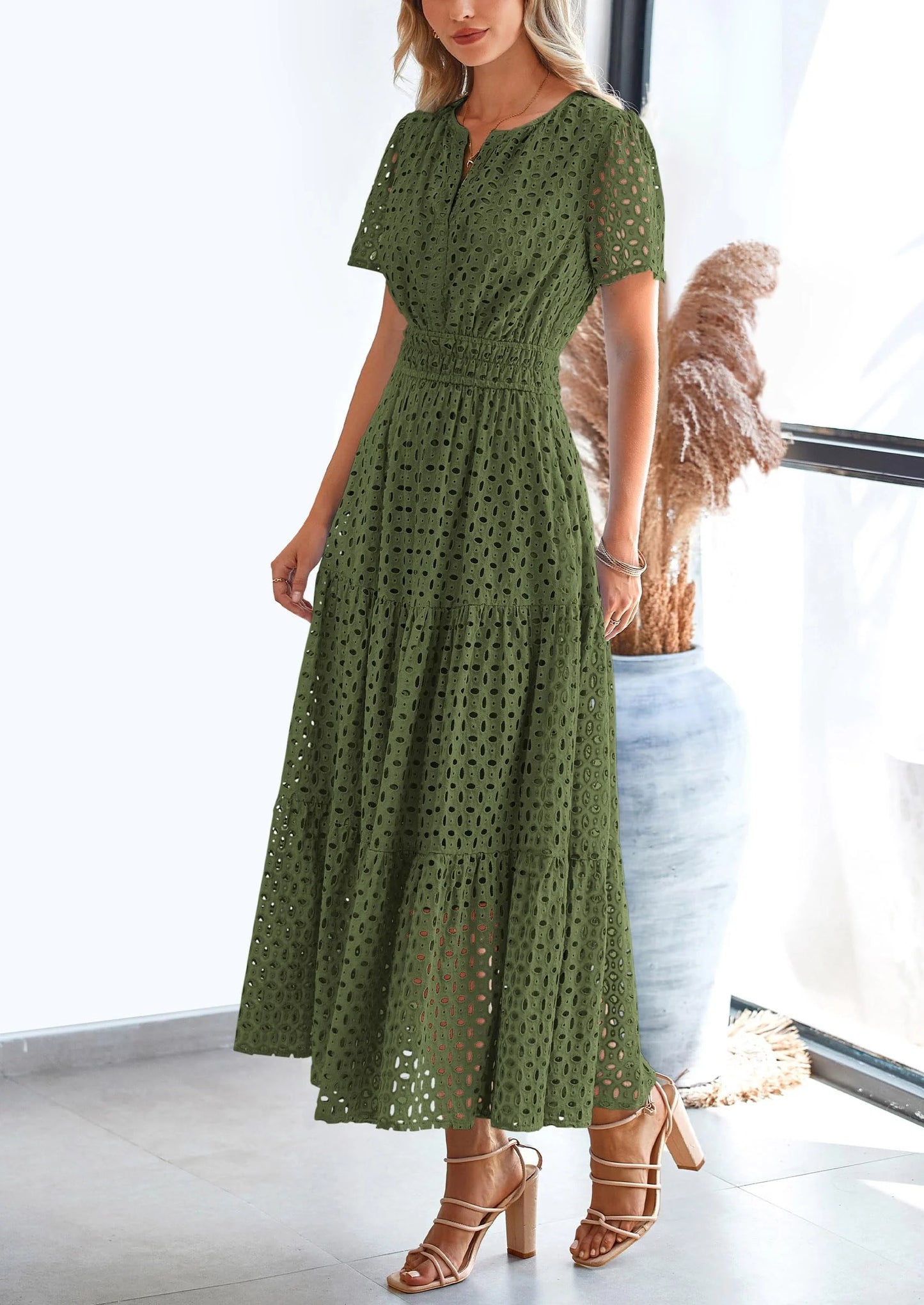 Womens Maxi Dress Short Sleeve V Neck Hollow Out Eyelet A Line Long Flowy Beach Vacation Dresses
