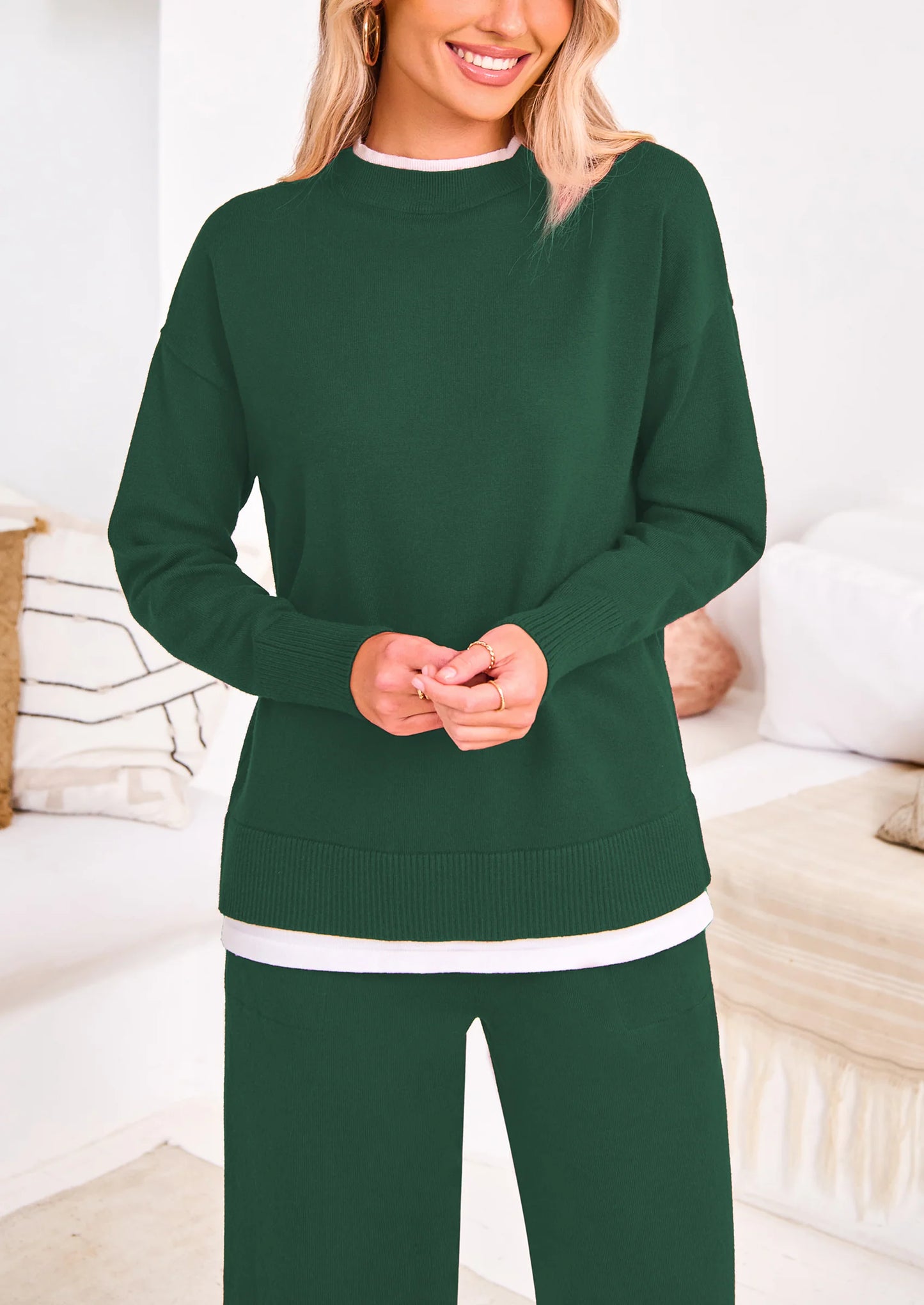 Two Piece Matching Sweater Lounge Sets Knit Long Sleeve Pullover Tops Wide Leg Pants