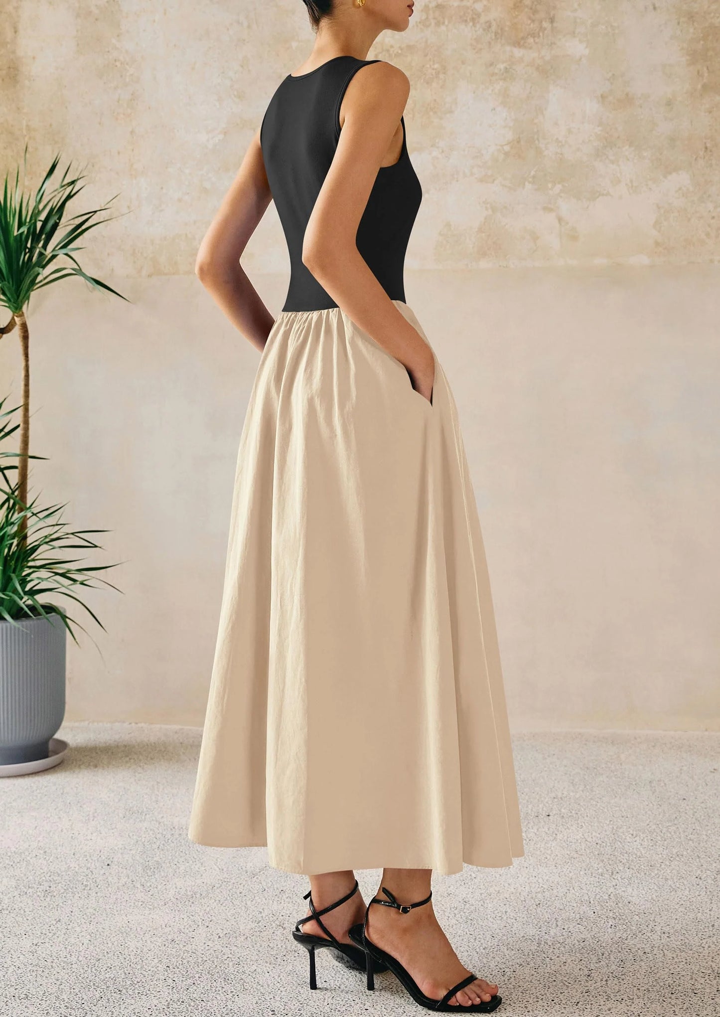 Women Maxi Dresses Casual Sleeveless Patchwork Knit Tank Dress Flowy Beach Sundress Long Dress
